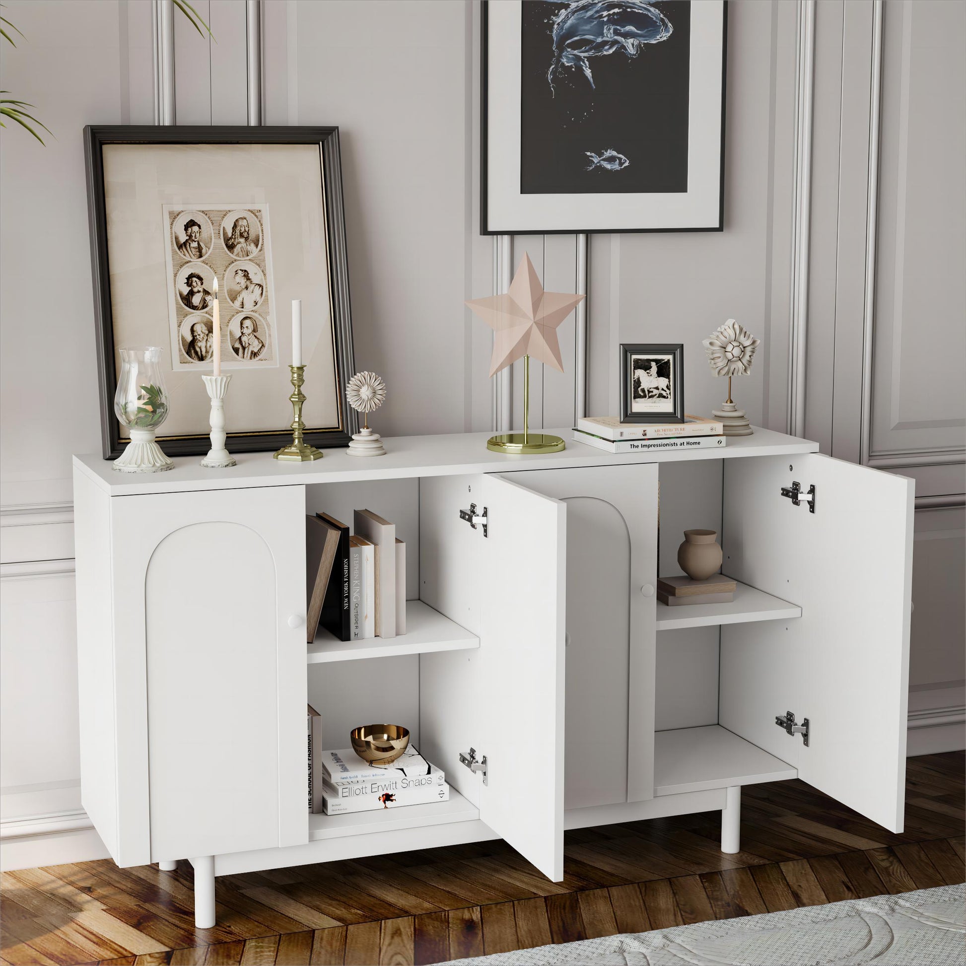 Stylish And Functional 4 Door Intaglio Storage Cabinet With Pine Legs, Solid Wood Pulls And Mdf, For Living Room Bedroom,And Kitchen,White White Mdf