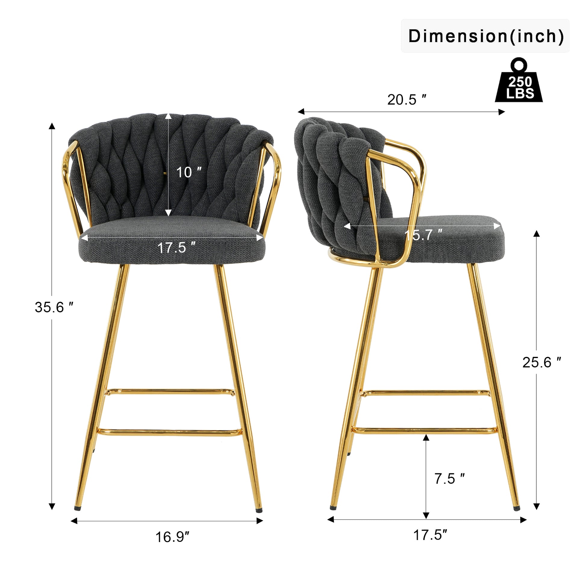 Modern Design High Stool Gold Plated Legs Kitchen Dining Dark Grey Linen Bar Chair, Suitable For Cafe Bar Restaurant Set Of 2 Metal Dark Gray Flannelette