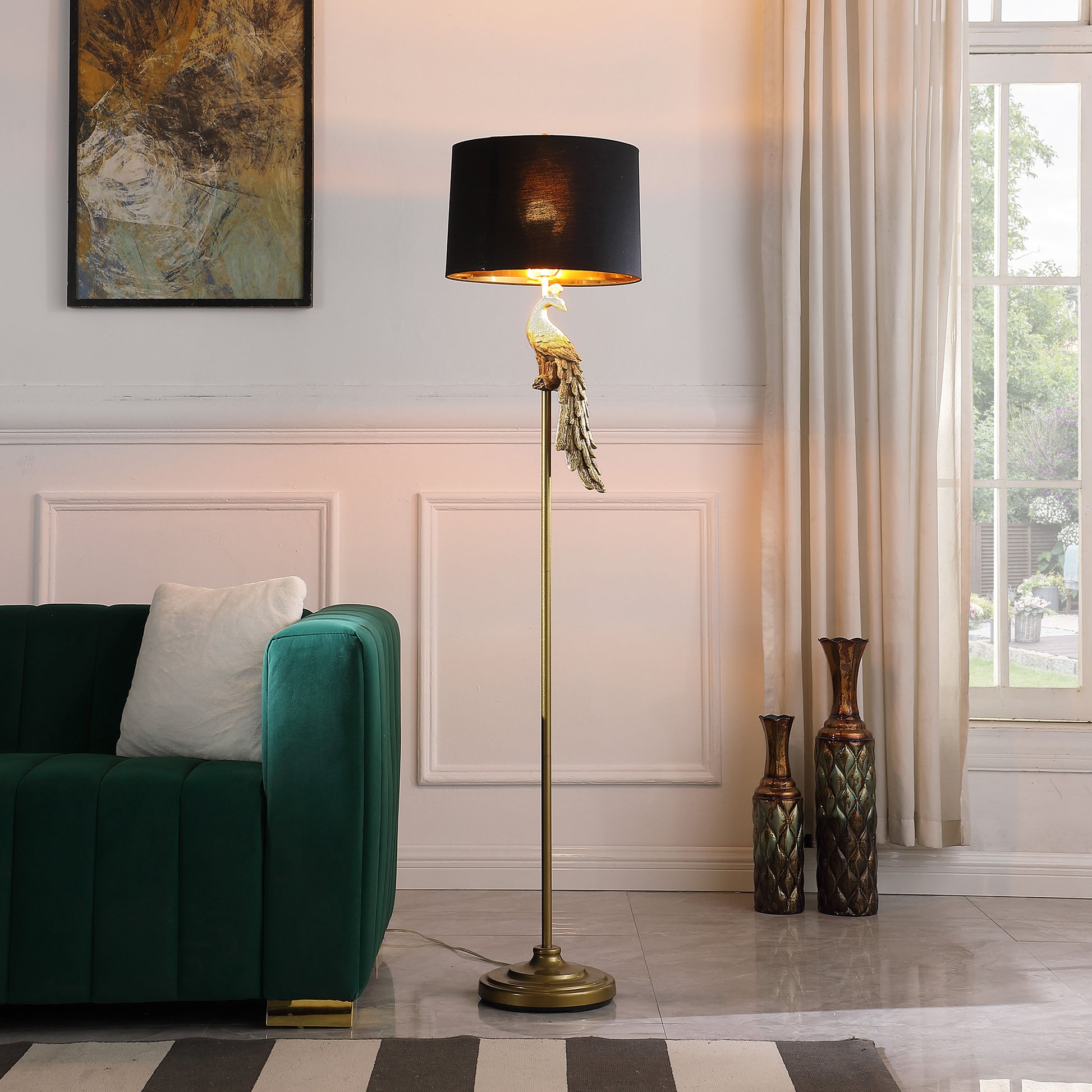 64.5" In Modern Elegance Golden Peacock On A Pedestal Polyresin Floor Lamp Golden Fabric Metal