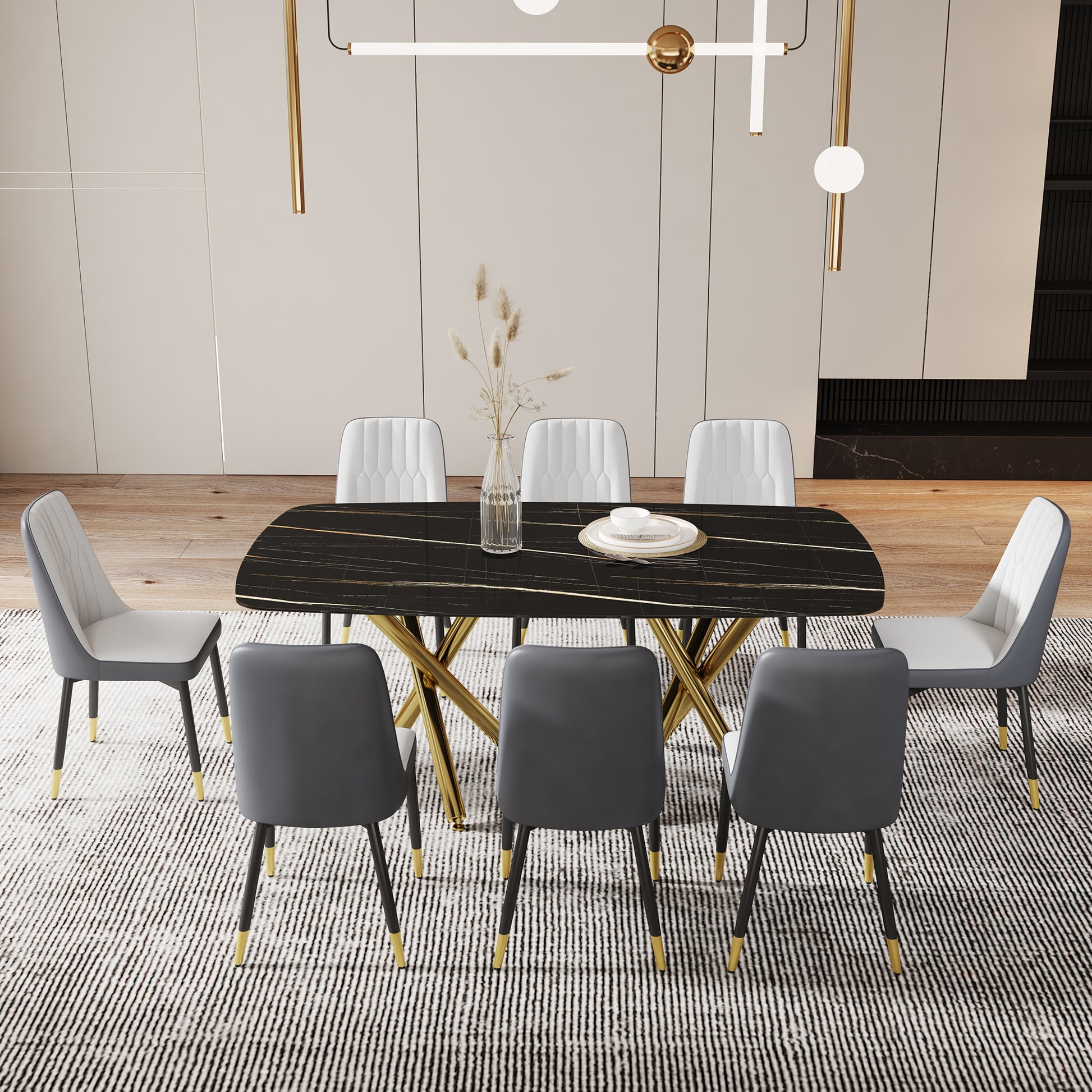 Large Modern Minimalist Rectangular Dining Table With 0.39 "Imitation Marble Black Tabletop And Golden Metal Legs, Paired With Chairs With Pu Cushions And Black Metal Legs. F 1538 C 007 Black Gold Glass Metal