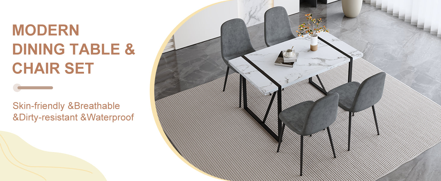 Table And Chair Set.A Modern Minimalist White Marble Veined Mdf Dining Table With Metal Frame.Paired With 4 Dark Gray Dining Chairs With Fabric Cushion And Black Metal Legs. Dark Gray,White Seats 4