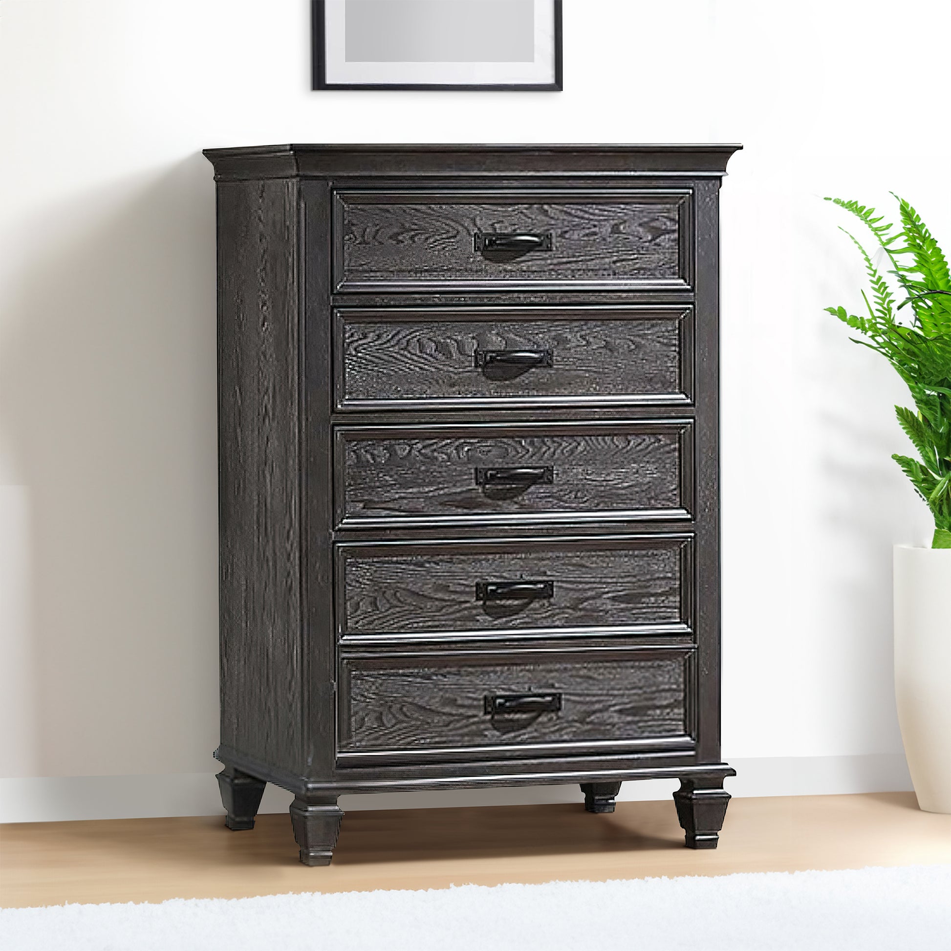 Eli 52 Inch Tall Dresser Chest, 5 Drawers, Bar Handles, Weathered Brown Black Solid Wood Eli 52 Inch Tall Dresser Chest, 5 Drawers, Bar Handles, Weathered Brown Black Solid Wood