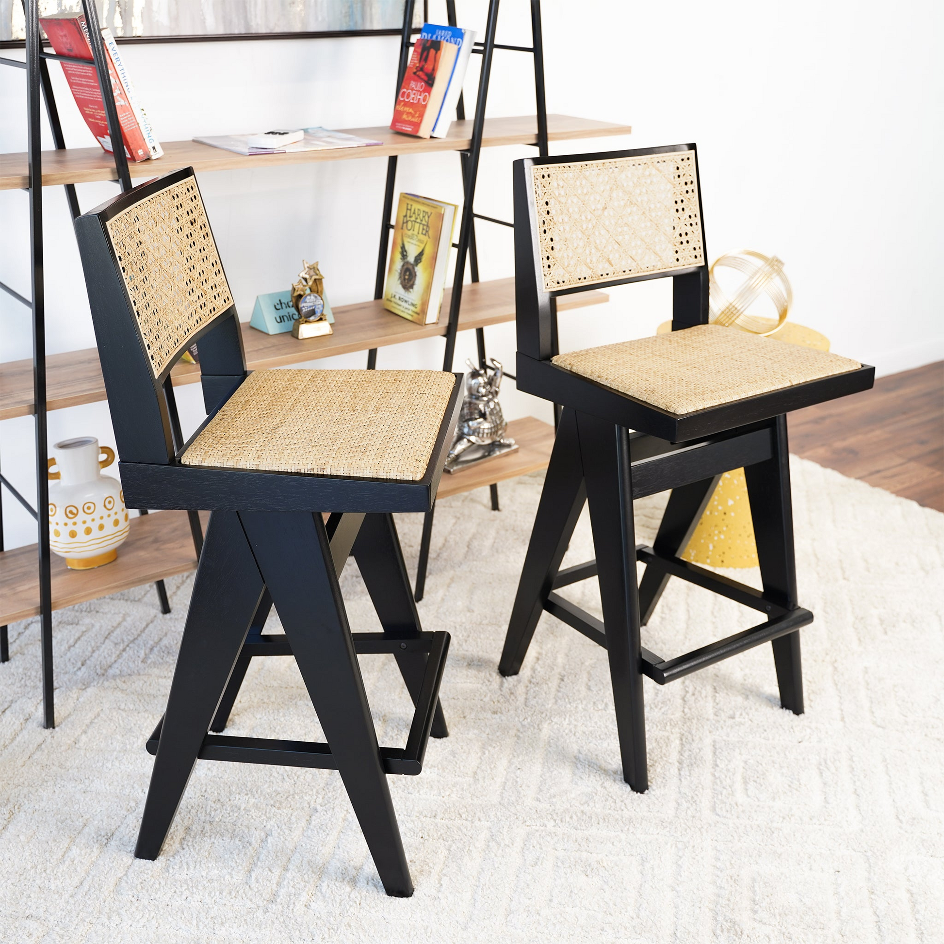 Keira Rattan Bar Stool Set Of 2 Black,Rattan Rattan,Solid Wood