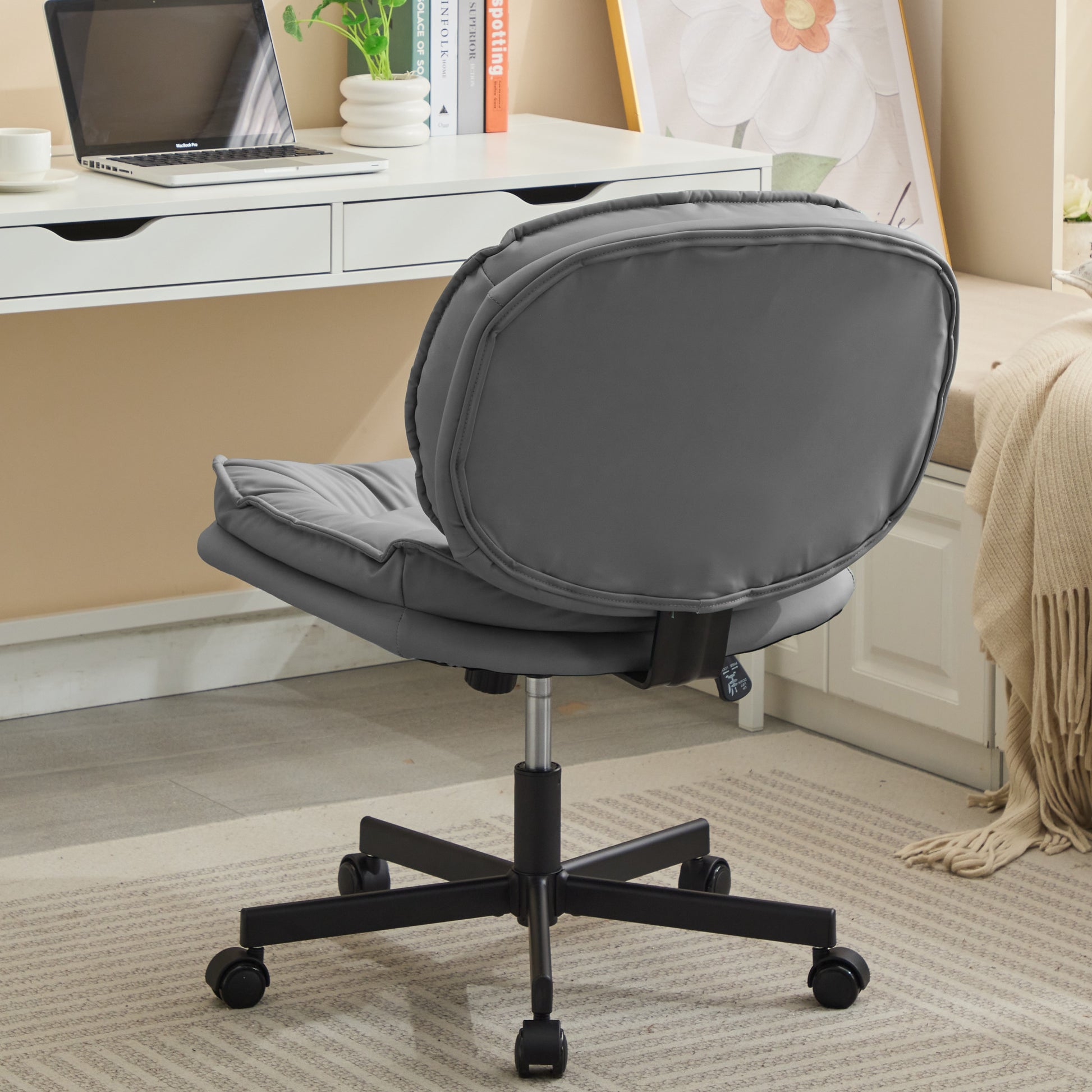 Armless Office Desk Chair With Wheels: Pu Leather Cross Legged Wide Chair,Comfortable Adjustable Swivel Computer Task Chairs For Home,Office,Make Up,Small Space,Bed Room Smoke Grey Antique Fiber Foam And Polyester Fiber Pad Pvc