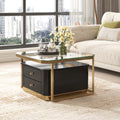 Modern 2 Pieces Black Square Nesting Coffee Table With Drawers & Electroplated Gold Legs In 27.6'' Golden Black Drawers Coffee & End Tables Glossy Square Mdf Glass Mdf Pedestal