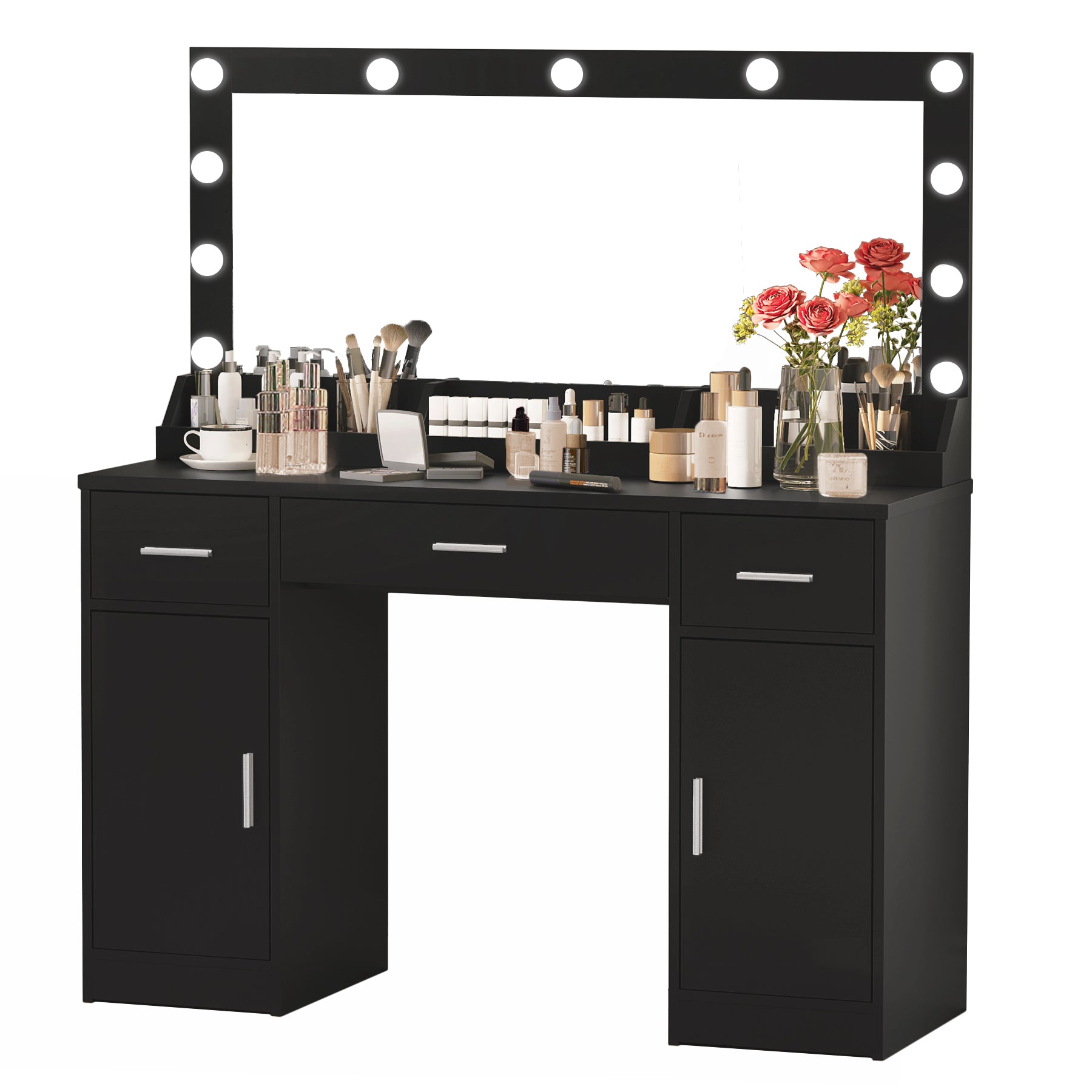 47.2"Vanity Desk With Large Mirror, 3 Colour Lighting Modes, Adjustable Brightness, Dresser With 3 Drawers & 2 Vertical Cabinets, Makeup Vanity Table For Women & Girls Black Black Particle Board