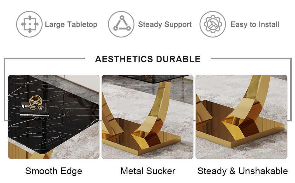 Table And Chair Set.Modern Rectangular Dining Table With Black Textured Stickers Glass Tabletop And Gold Plated Metal Legs.Paried With 4 Comfortable Chairs With Pu Seats And Black Metal Legs. Black Gold,Light Gray Seats 4 Glass Metal