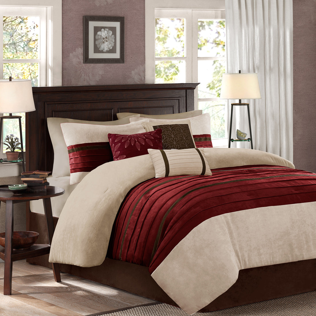 7 Pc Pieced Faux Suede Comforter Set Red Queen Queen Red Polyester