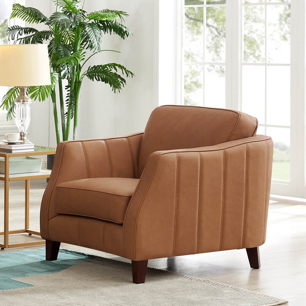 Aria Top Grain Leather Chair Brown Primary Living Space Mid Century Modern Eucalyptus Down Filling Leather