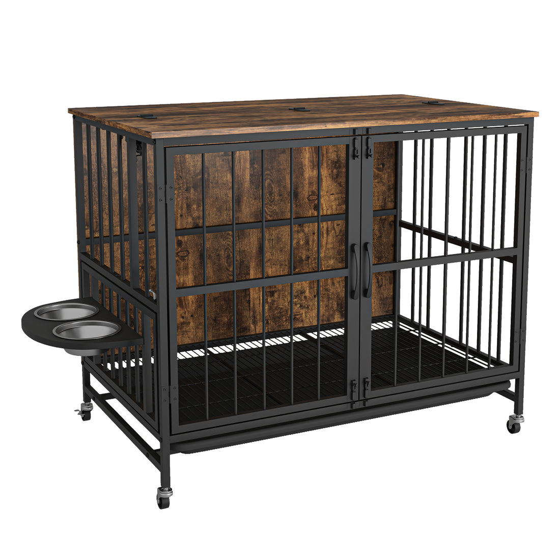 Modern Kennel Dogs Room Up To 80 Lb, Dog Crate Furniture With Multi Purpose Rremovable Ttray, Double Door Dog House, Lift Panel, 360 Degree Rotation 3 Height Adjustable Feeding Bowls Brown Antique Brown Mid Century Modern,Minimalist Dog Particle Board