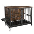 Modern Kennel Dogs Room Up To 80 Lb, Dog Crate Furniture With Multi Purpose Rremovable Ttray, Double Door Dog House, Lift Panel, 360 Degree Rotation 3 Height Adjustable Feeding Bowls Brown Antique Brown Mid Century Modern,Minimalist Dog Particle Board