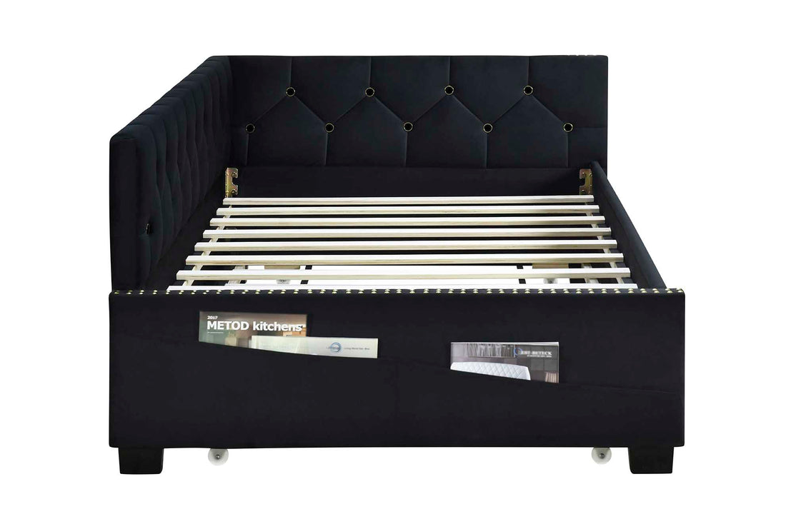 Black Upholstered Twin Size Daybed Bed Frame Corner Bed With Trundle, Velvet Fabric, Studding Design, No Box Spring Required, Fits Any Style Box Spring Not Required Twin Black Wood Espresso Bedroom Artsy,Retro,Vintage Rubberwood Fiber Foam And Polyester