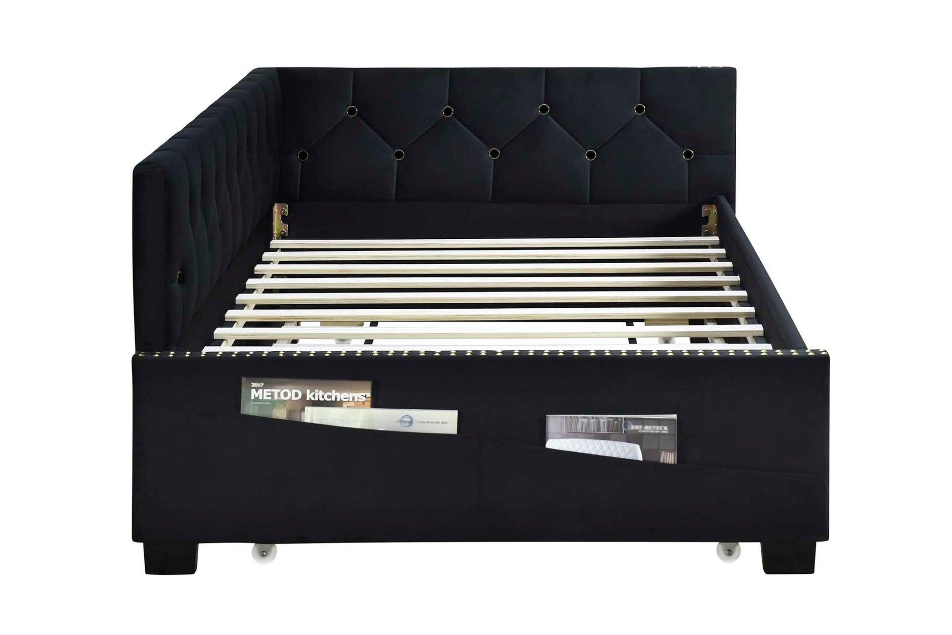 Black Upholstered Twin Size Daybed Bed Frame Corner Bed With Trundle, Velvet Fabric, Studding Design, No Box Spring Required, Fits Any Style Box Spring Not Required Twin Black Wood Espresso Bedroom Artsy,Retro,Vintage Rubberwood Fiber Foam And Polyester