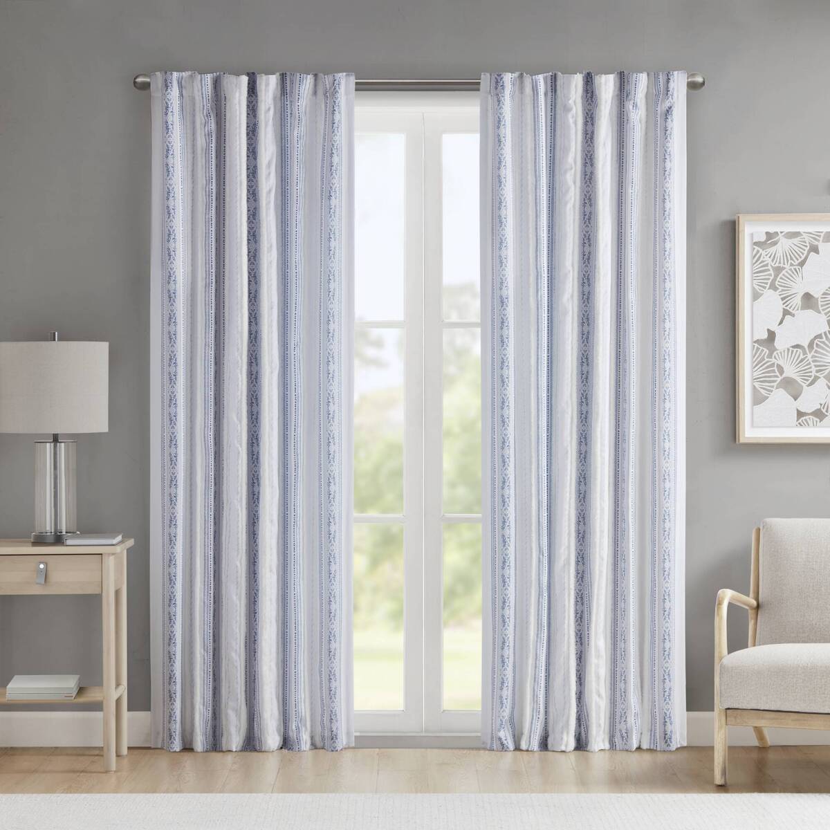 Poly Printed Curtain Panel With Tufted Stripe And Lining White Navy 50X84" Multicolor Polyester