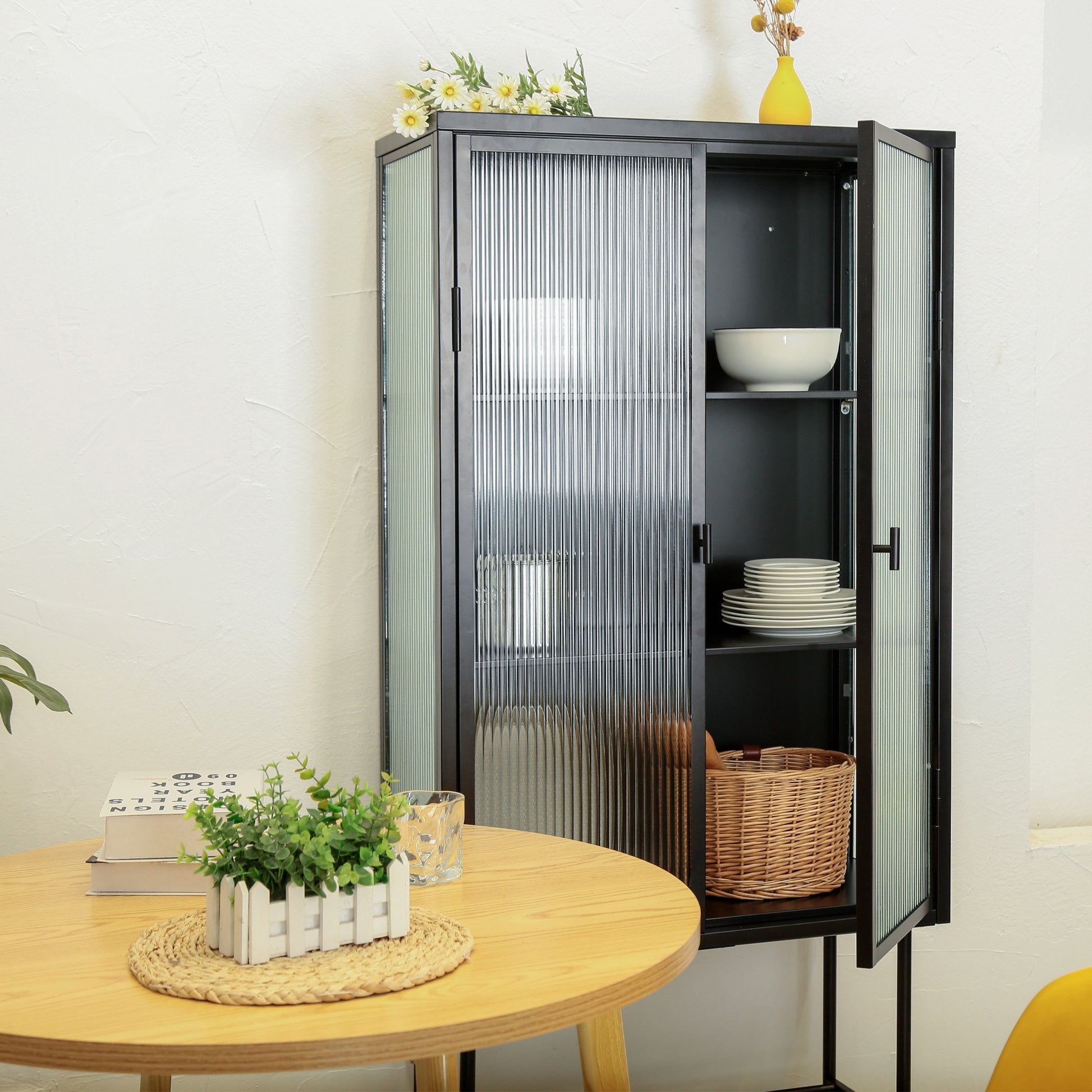 Retro Style Fluted Glass High Cabinet Storage Dual Doors Three Detachable Wide Shelves Enclosed Dust Free Storage For Living Room Bathroom Dining Room Kitchen Room Entryway,Black Old Sku:W68743734 Black Wood