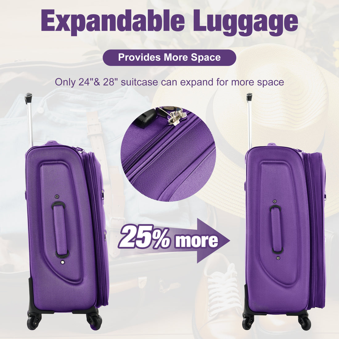 Softside Luggage Expandable 3 Piece Set Suitcase With Duffel Bag Upright Spinner Softshell Lightweight Luggage Travel Set Purple Polyester