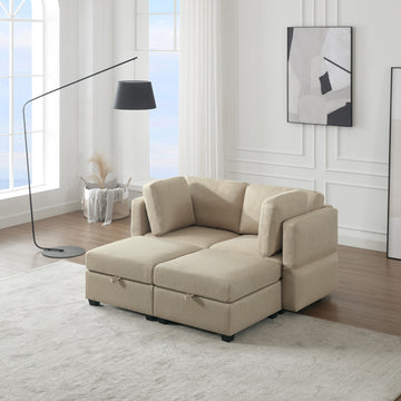 Modular Sectional 2 Seater Sofa With 2 Ottomanssleeper Sofa Bed Modular Sofa With Chaiseadjustable Arms And Backs Beige Beige Polyester 2 Seat