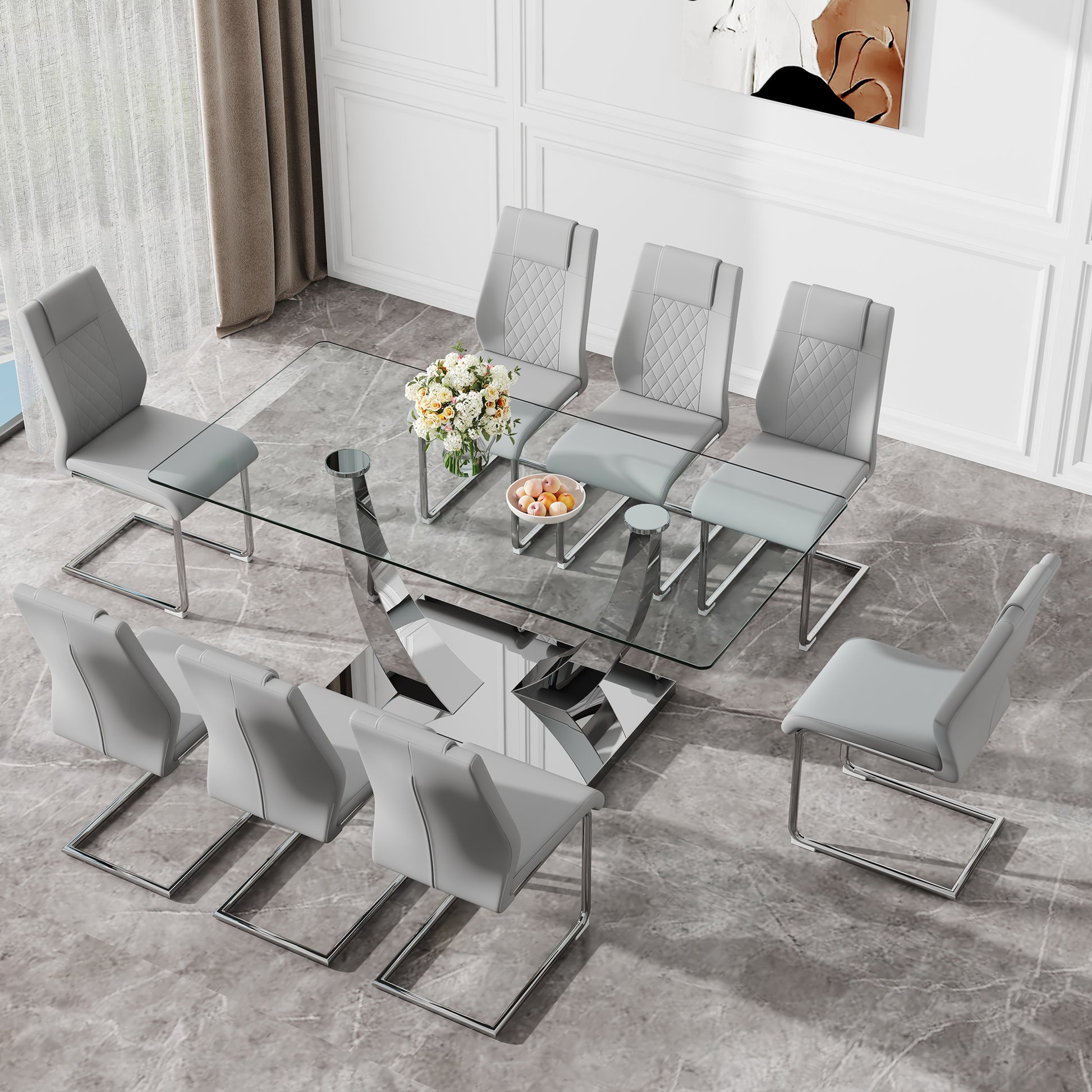 Table And Chair Set.Contemporary, Minimalist Rectangular Dining Table Featuring A Clear Tempered Glass Top And Sleek Silver Legs. Paried With Chairs Made Of Pu Material Cushion And Silver Metal Legs. Gray Seats 8 Glass Metal