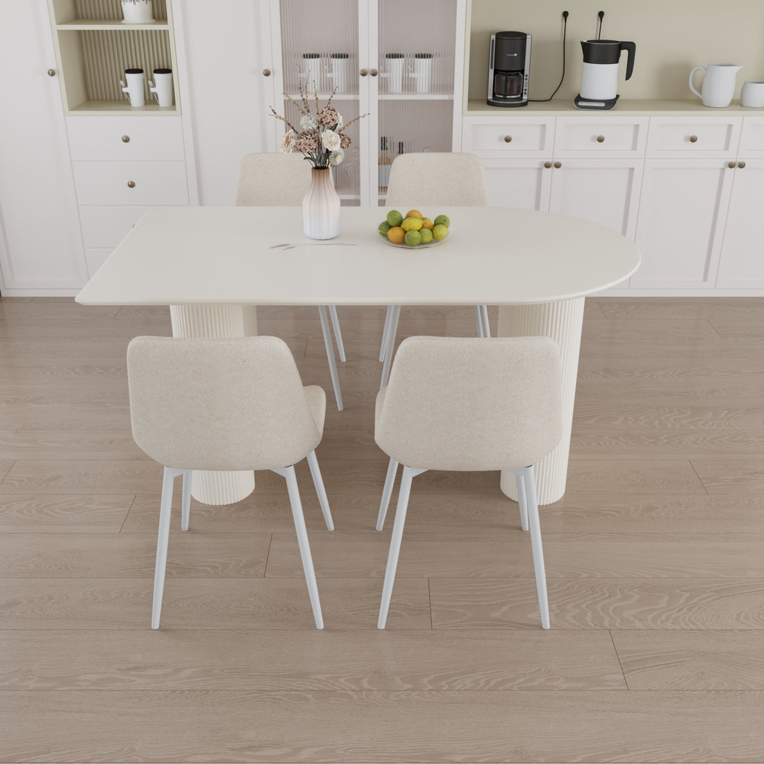 63 "Mdf Cream Style Coffee Table And Modern Dining Chair 4 Piece Set, Modern Fashion Kitchen Table Set, Round Wave Table Legs, Dining Table And Linen Chair Beige White Mdf