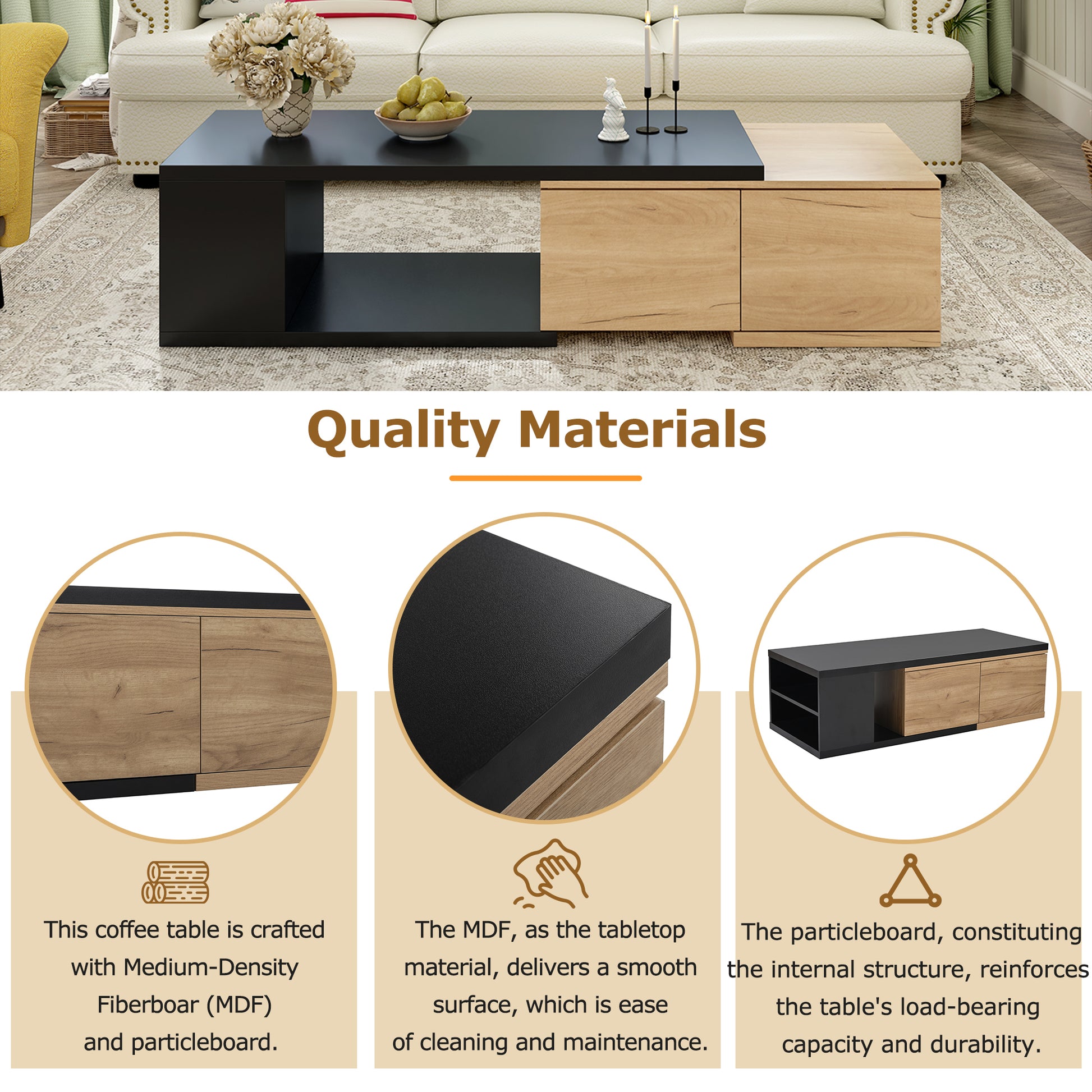 47.2'' 57''W Extendable Coffee Table With 2 Storage Drawers, Dual Tone Wood Center Table With Extendable Sliding Tabletop, Multi Functional Hidden Storage Sofa Table For Living Room, Black Black Primary Living Space Drawers Rectangular Particle Board Mdf