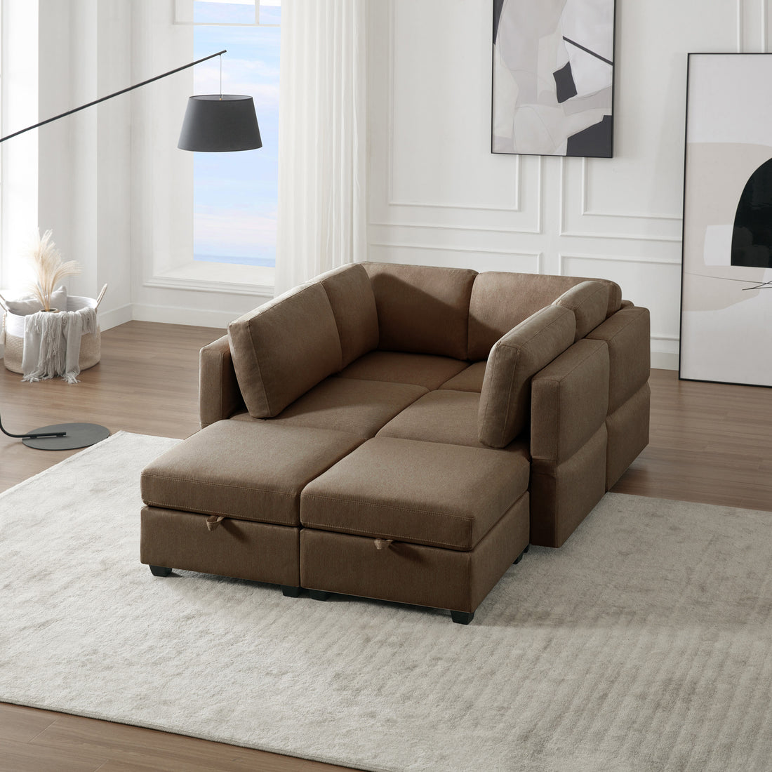 Oversized Modern 6 Seat Upholstered Sofa, Large Sectional Sofa With Storage Seats And Ottomanssofa Bed With Thick And Soft Cushions At All Sidesadjustable Arms And Backs Brown Brown Polyester 4 Seat