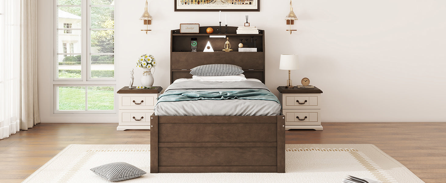 Twin Size Wooden Led Platform Bed With Trundle, With Storage Headboard, With Drawers, Brown Twin Brown Plywood