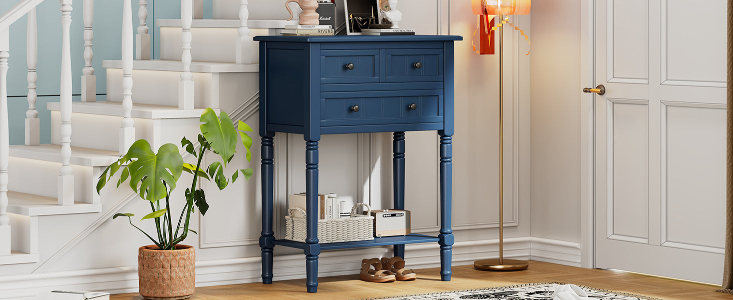 Narrow Console Table, Slim Sofa Table With Three Storage Drawers And Bottom Shelf Navy Navy Solid Wood Mdf