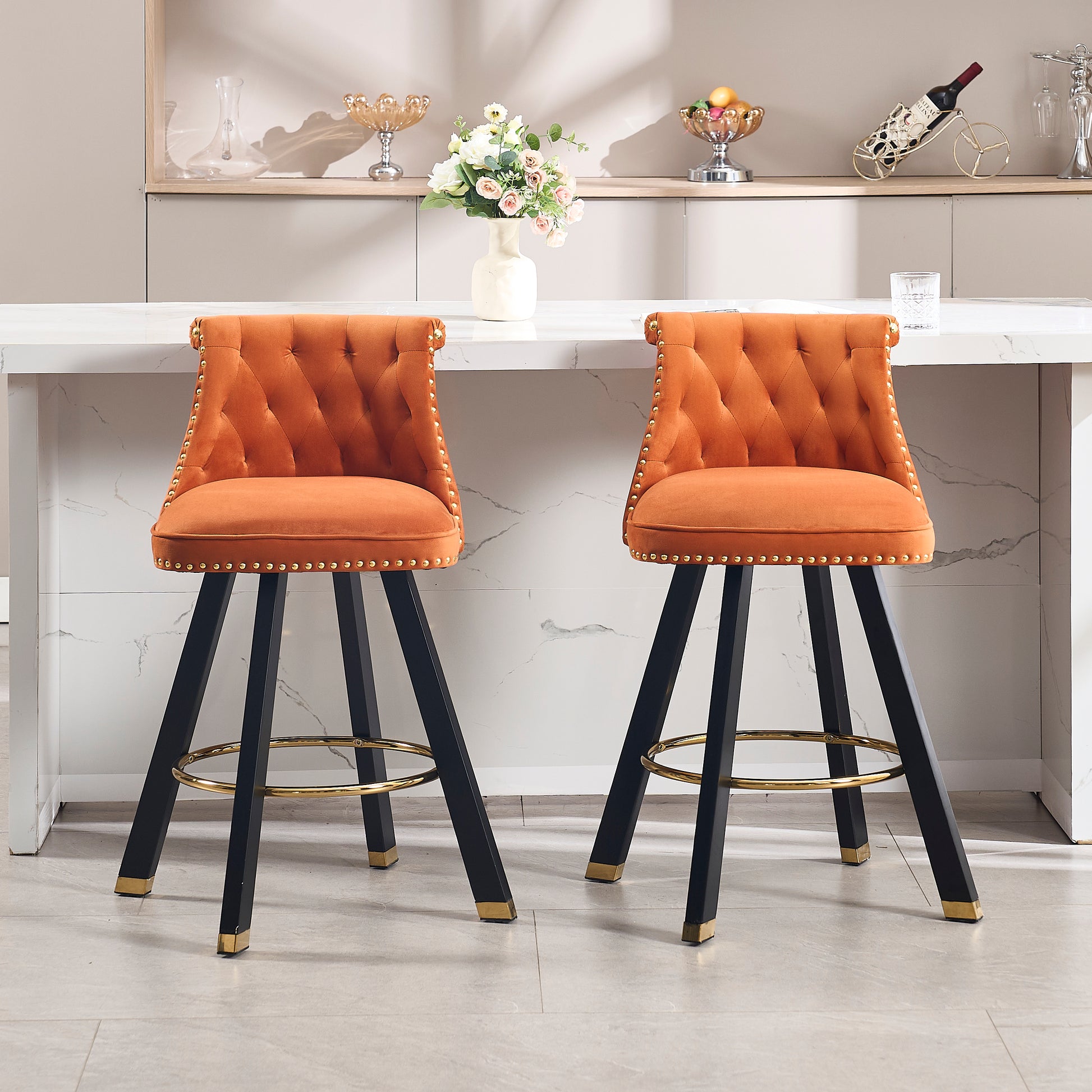 Coolmore Set Of 2,Back Pull Point Design, Velvet Material, 360 Degree Rotation, Back Pull Loop Detachable Design, Rivet Decoration, Square Foot Wooden Bar Chair Orange Velvet