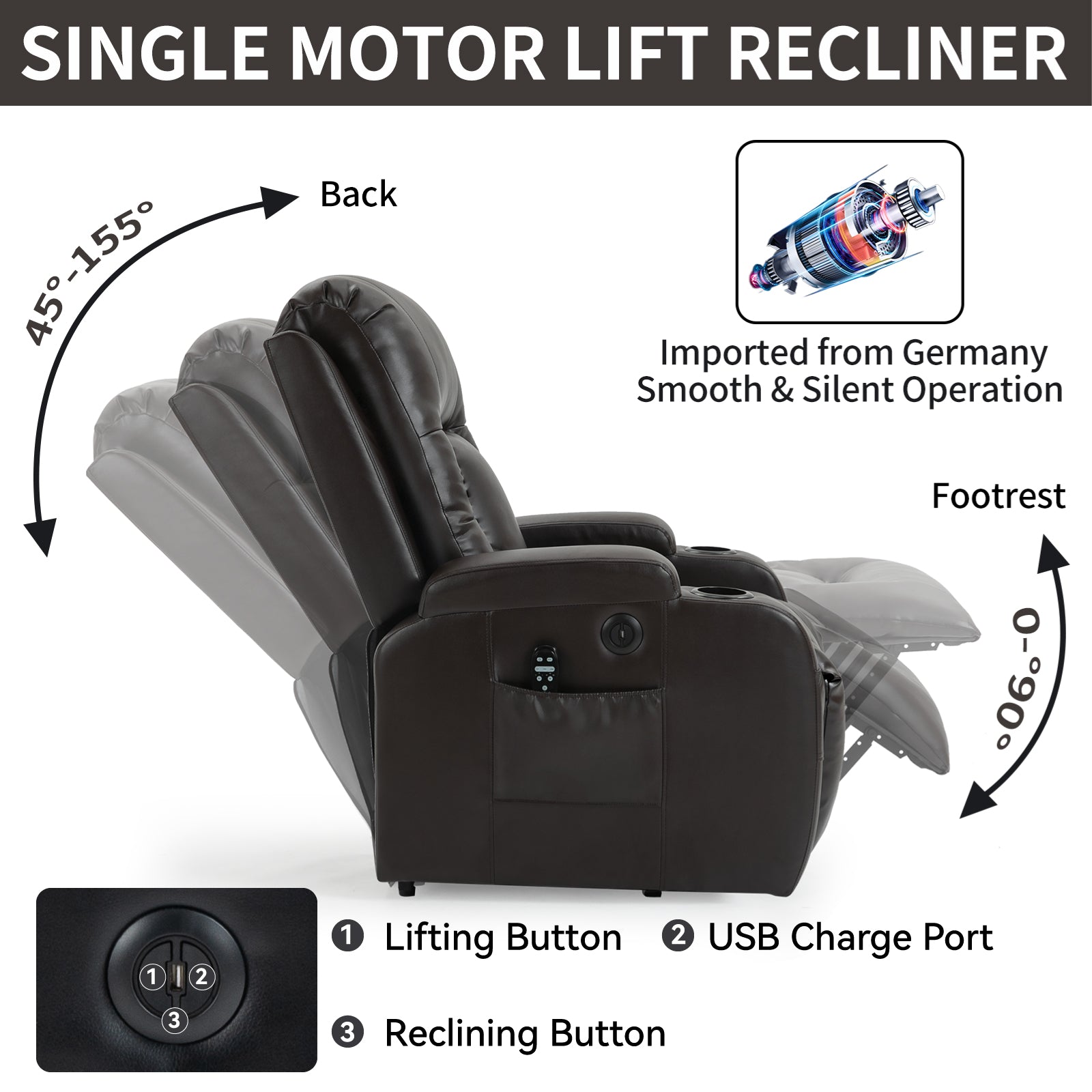 Infinite Position Up To 350 Lbs Power Lift Recliner Chair For Elderly, Heavy Duty Motion Mechanism With 8 Point Vibration Massage And Lumbar Heating, Usb Charging Port, Cup Holders, Brown White Metal Primary Living Space Heavy Duty Pine Brown Faux