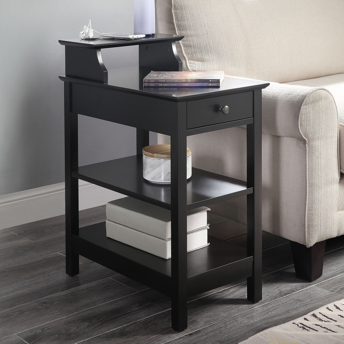 Black Storage Accent Table With Usb Black Primary Living Space Pine Drawers Rectangular Wood