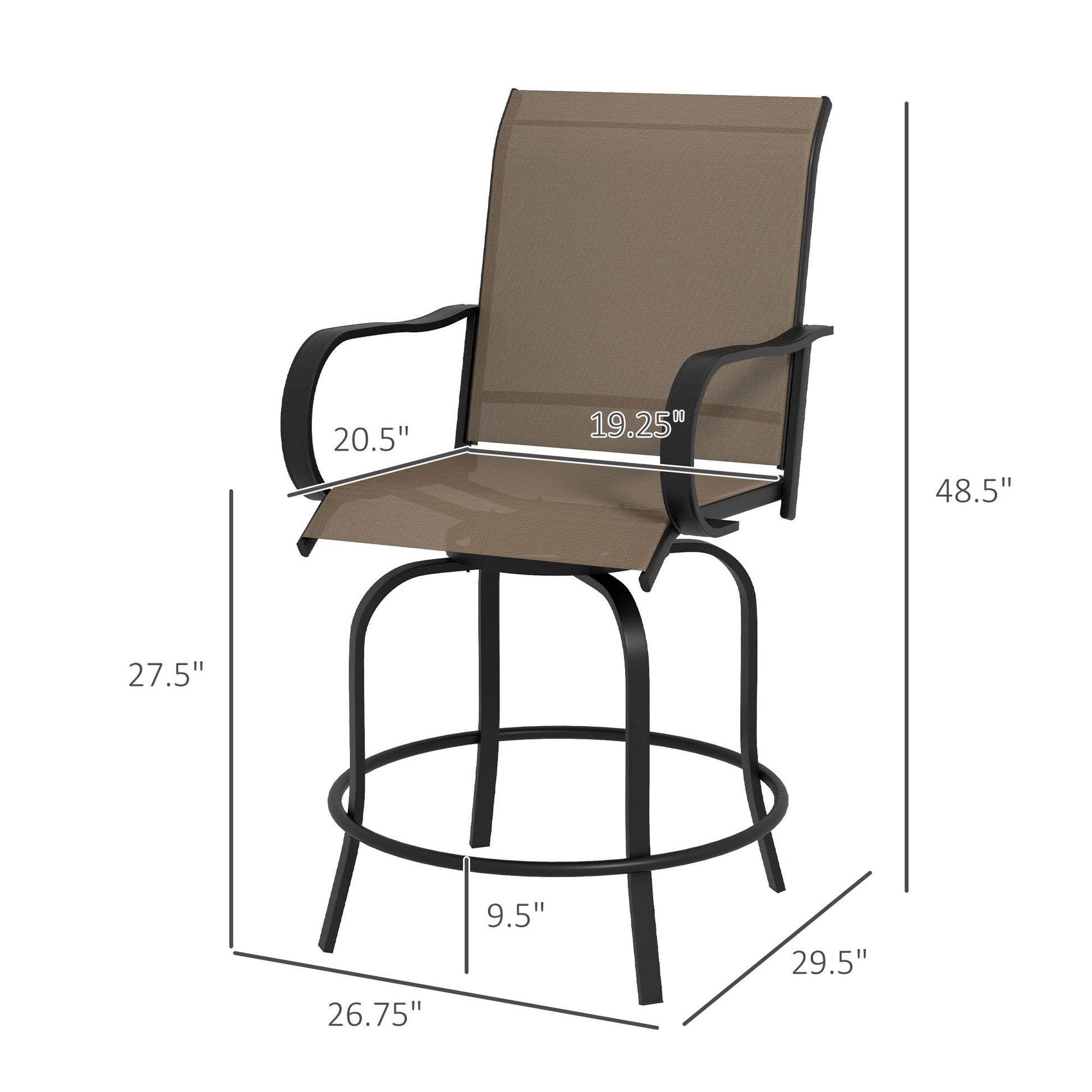 Outsunny Outdoor Bar Stools With Armrests, Set Of 2 360 Swivel Bar Height Patio Chairs With High Density Mesh Fabric, Steel Frame Dining Chairs For Balcony, Poolside, Backyard, Brown Brown Steel