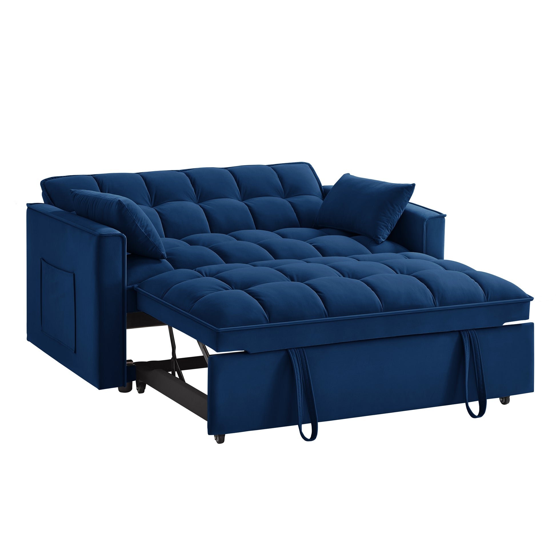 4 In1 Loveseat Sofa Bed With Armrests & Storage Pockets, Multi Function Tufted Pull Out Sofa Bed With Adjustable Backrest And Pillows, Convertible Loveseat Sofa Couch, Navy Navy Velvet Primary Living Space Medium Soft Tufted Back American