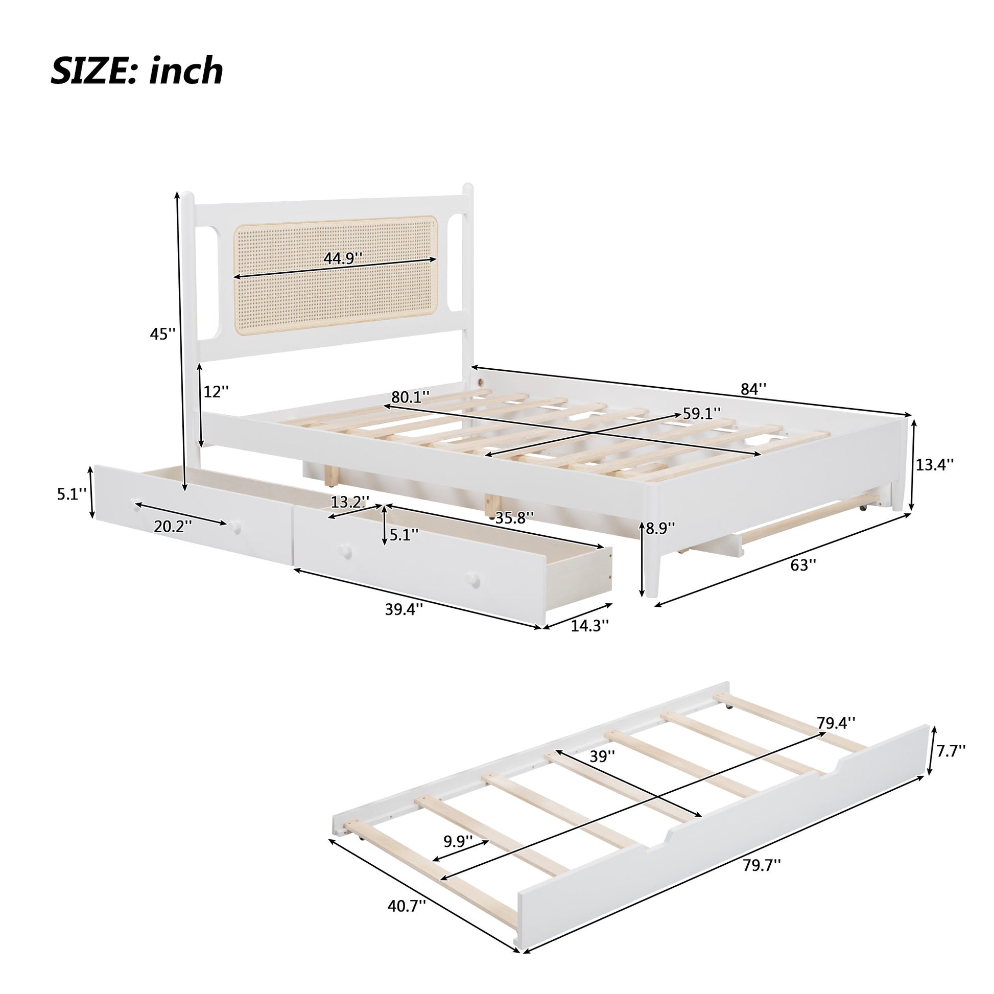 Queen Size Wooden Rattan Platform Bed, With 2 Big Drawers, T Size Trundle, White Queen White Plywood