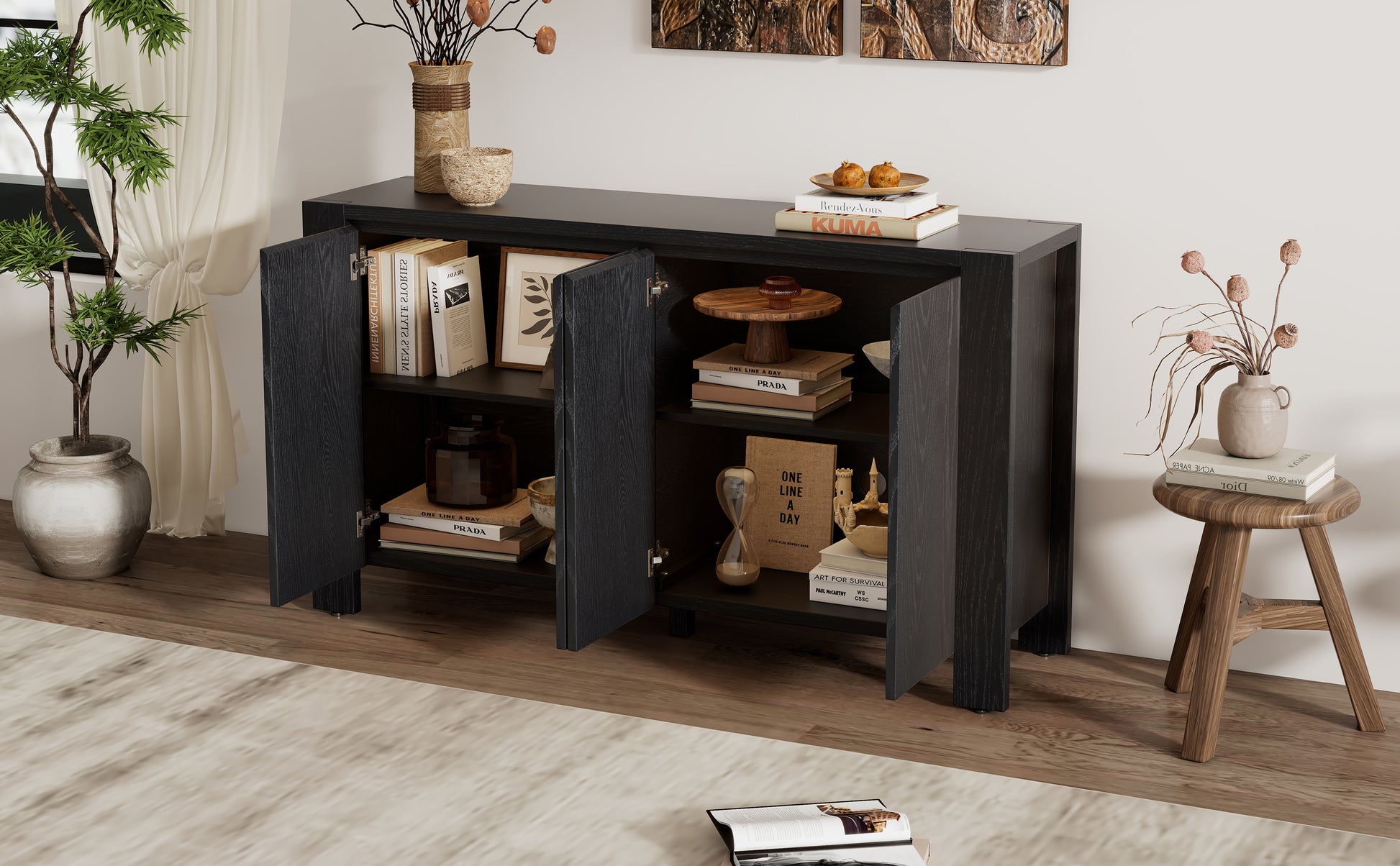 Retro 4 Door Sideboard With Distressed Finish And Adjustable Shelves For Dining Room, Kitchen, And Living Room Black Black Mdf,Rubber Wood