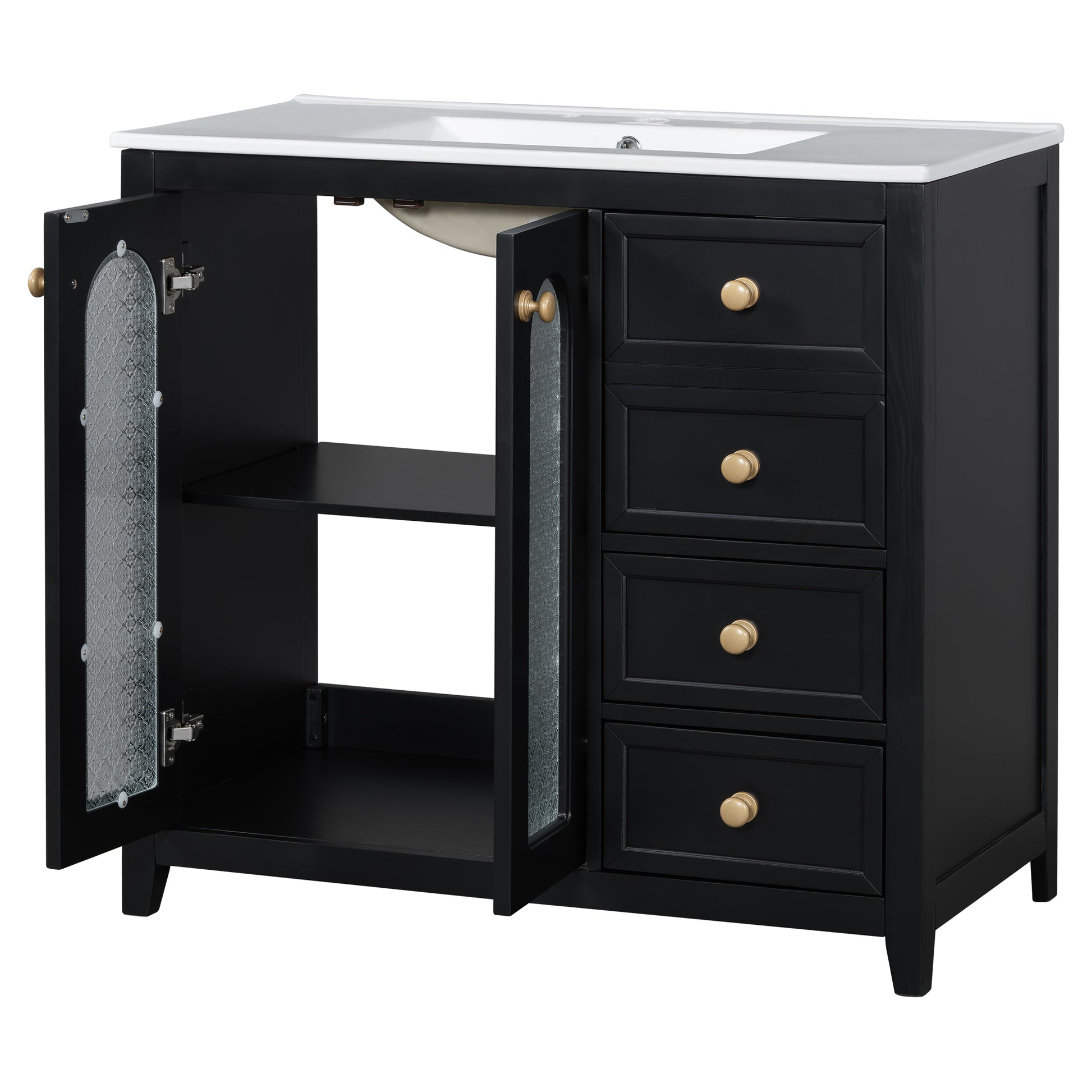 36 Inch Bathroom Vanity With Two Soft Close Doors, Adjustable Shelves And Three Soft Close Drawers Black Bathroom Solid Wood Mdf