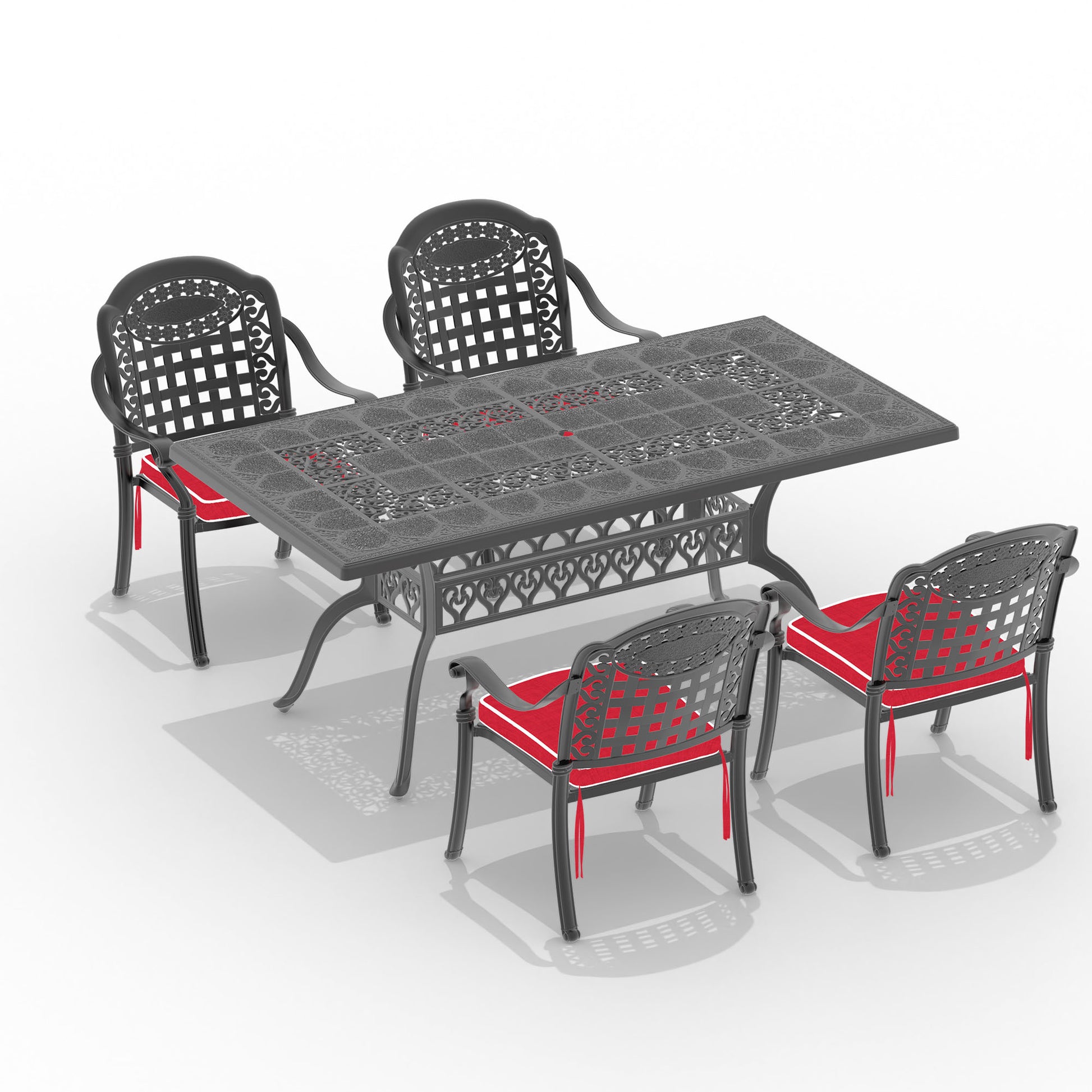 Cushions In Random Colors 5 Piece Set Of Cast Aluminum Patio Furniture With Cushions Yes Dining Set Black Seats 4 Rust Resistant Frame Water Resistant Cushion Garden & Outdoor Complete Patio Sets Aluminium