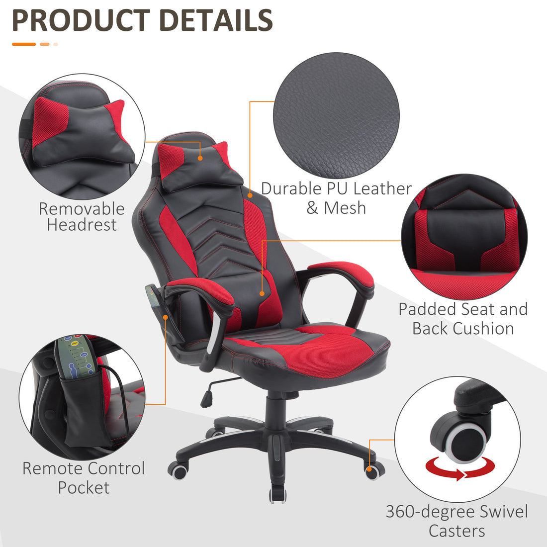 Homcom 6 Vibrating Point Massage Computer Gaming Chair 5 Modes, Racing Style Heated Desk Chair Swivel Rolling Chair With Headrest, Red Black Red Faux Leather