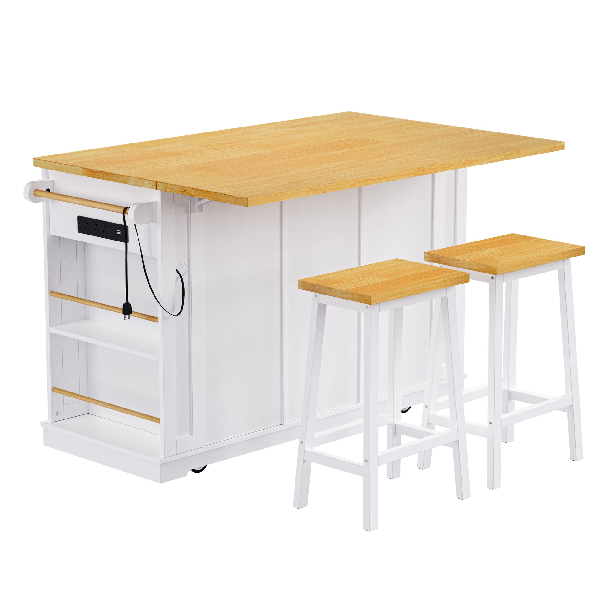 K&K 53Inch Large Kitchen Island With 2 Bar Stools, Power Outlet,Door Internal Storage Rack, Kitchen Storage Cart On 5 Wheels With Drop Leaf, 5 Open Side Racks, 3 Drawers, For Kitchen,Dining