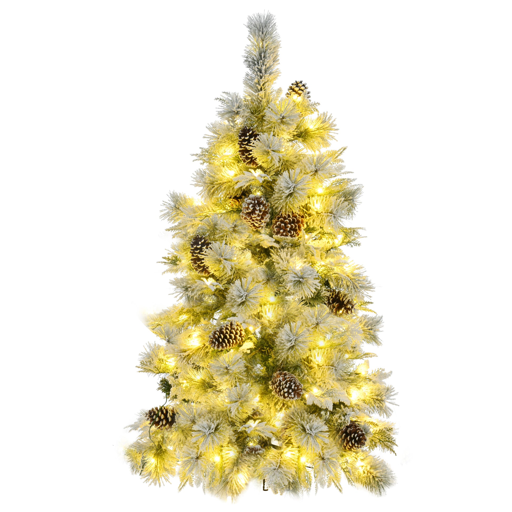 4Ft Pre Lit Spruce Snow Flocked Christmas Tree With Pine Cones, Artificial Xmas Tree With 170 Branch Tips,Mixed Pe & Pvc Branches, 120 Multi Color Led Lights, 11 Flashing Modes, Holiday D Cor White Green Polyethylene,Pvc