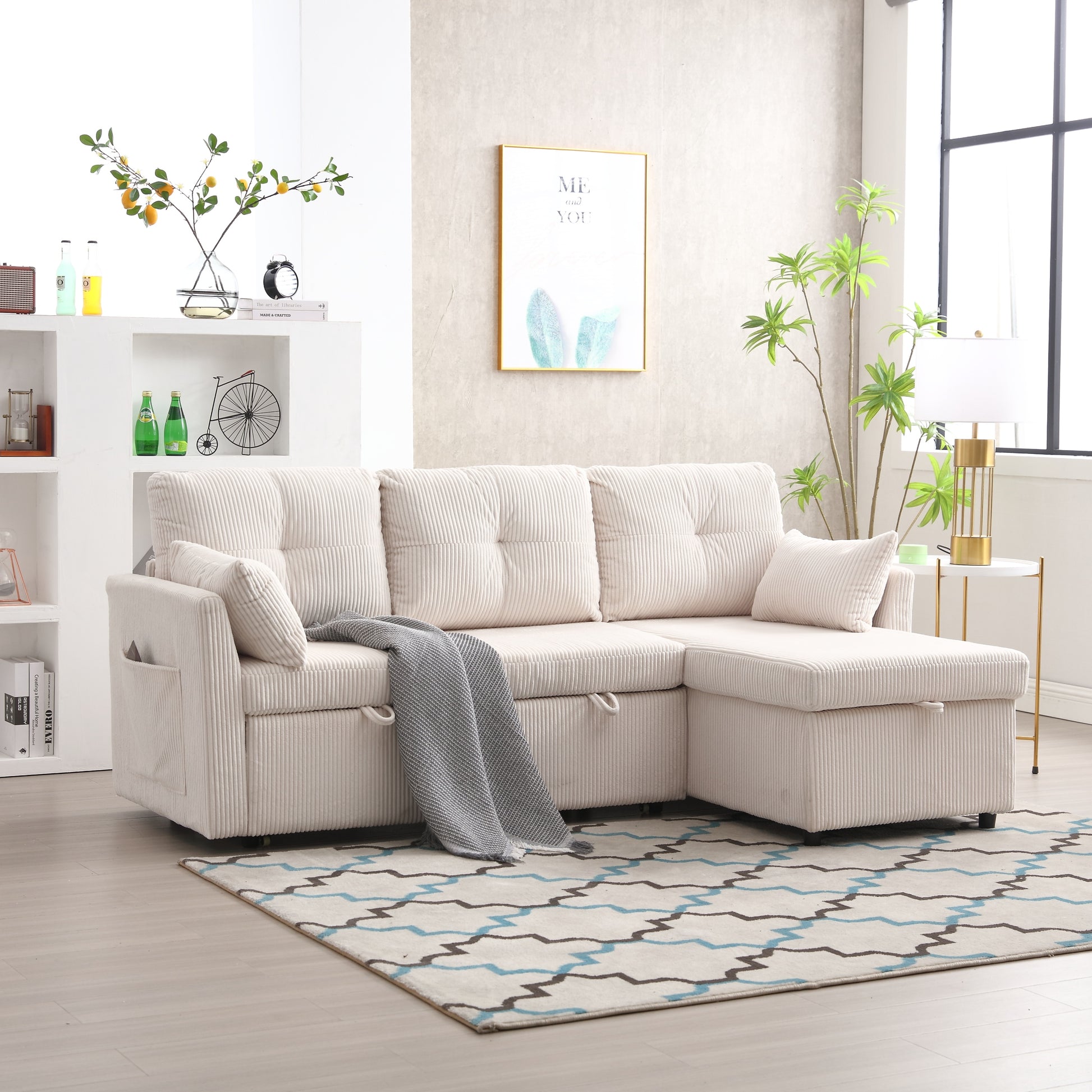 United We Win Furniture, Modular L Shaped Sofa, Modular Long Sofa With Reversible Chaise Lounge, Sofa Bed, Sleeper Sofa, Modular Sofa Combination With Storage Seats. Beige Velvet 3 Seat
