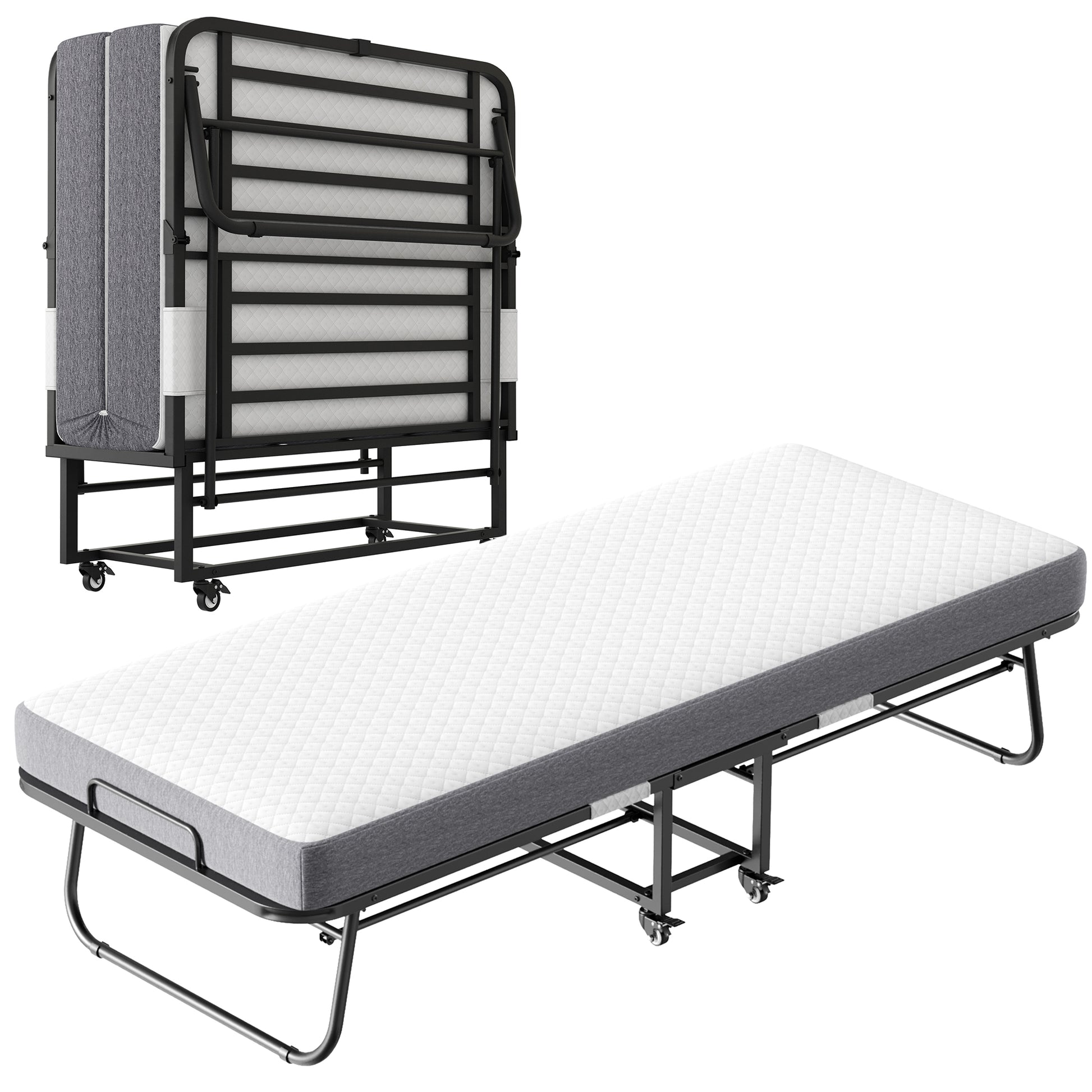 Folding Bed With Mattress 75" X 46" Rollaway Guest Bed Portable Foldable Bed For Adults With 5" Memory Foam Mattress Space Saving Sturdy All Metal Steel Pipe Frame Twin Black Iron Modern Polyester Iron