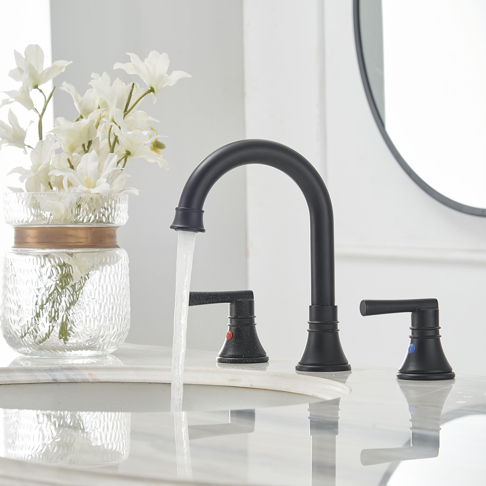 8" Widespread Dual Handle J Spout Bathroom Sink Faucet In Matte Black Matte Black Brass