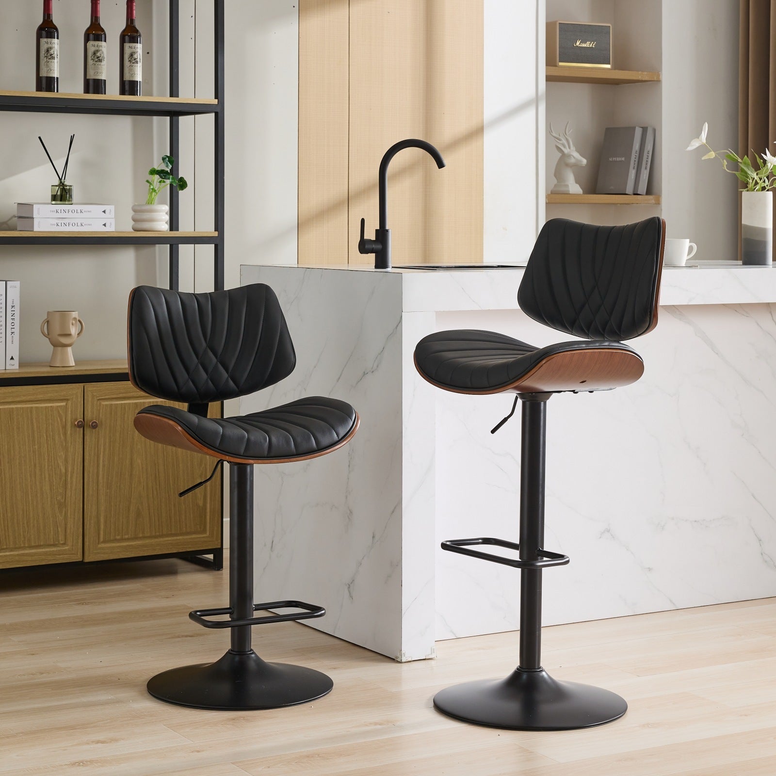 Walnut Bentwood Bar Stools Mid Century Modern Adjustable Counter Height Black Leather Upholstered 360 Swivel Bar Chairs For Kitchen Island Dining Room Cafe, 1 Chair 1Carton,Black Black Pu American Design 1 Foam Pu Leather