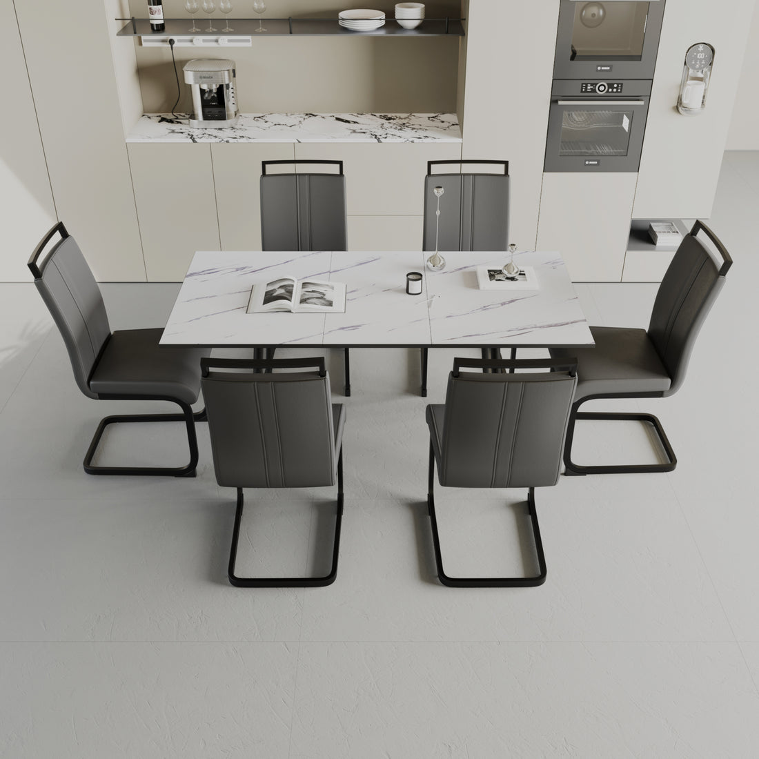 An Expandable Dining Table Set For 2 6 People, Equipped With A C Shaped Tubular Cushioned Armless Dining Chair And An Elegant And Spacious Dining Table Kitchen Table And Chair Set, With Metal Legs Grey White Mdf