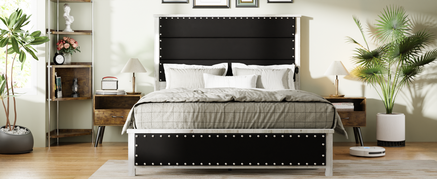 Queen Size Bed Frame With Upholstered Headboard, Queen Bed Frame With Charging Station And Led Lights, Wood Slats, Dark Gray Faux Leather & Rivets, No Box Spring Needed, Easy Assembly Box Spring Not Required Queen Antique White Gray Wood Bedroom Bed