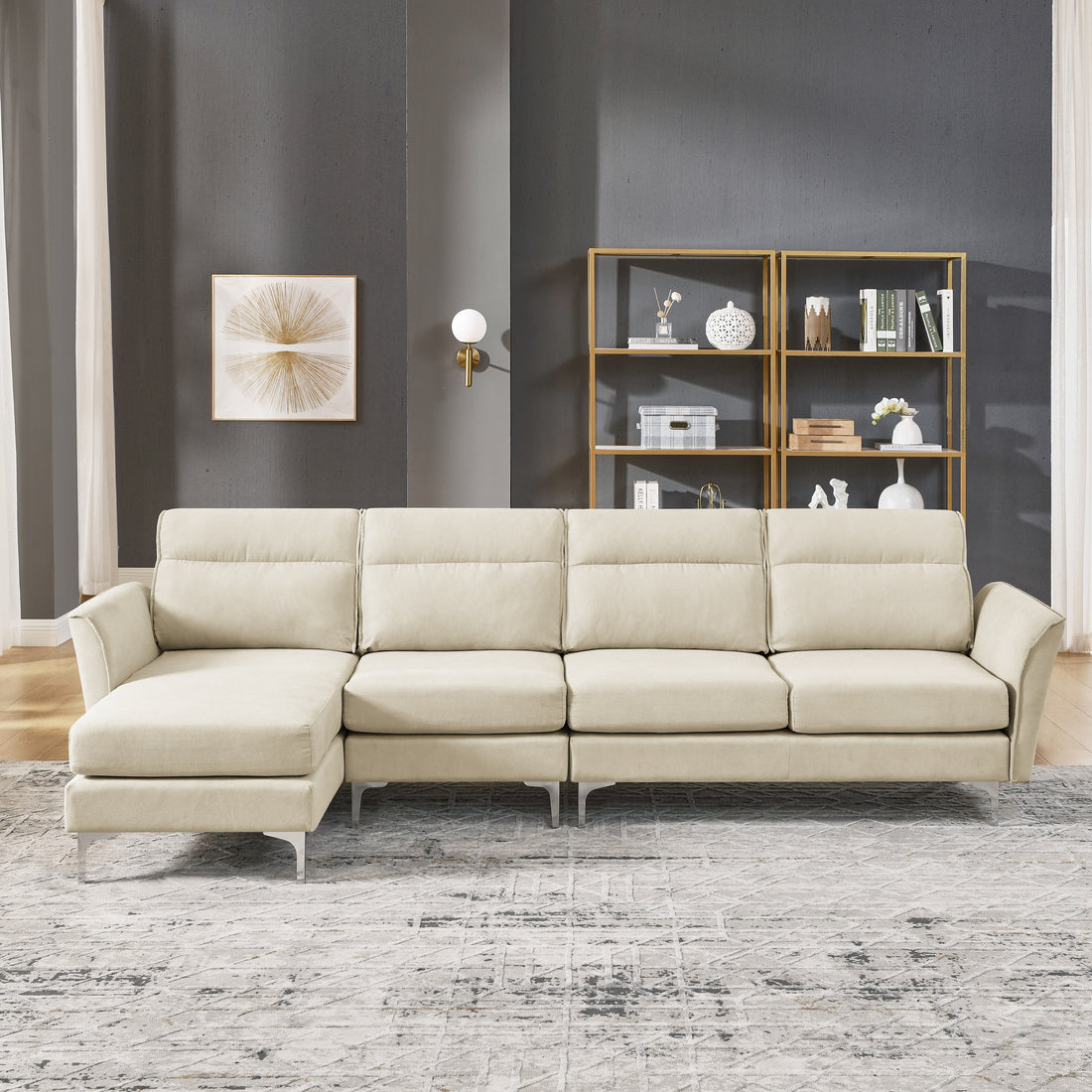 Modern Sofa 3 Seat Couch With Stainless Steel Trim And Metal Legs For Living Room,Package Compression Sofa Technology,Beige Beige Foam 3 Seat