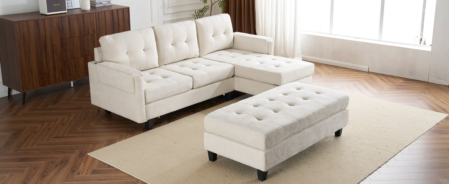 83.4" L Shaped Sofa Sectional Couch Sofa Bed With Two Usb Ports, A Movable Ottoman And A Reversible Chaise Lounge For Living Room, Beige Beige Foam Chenille 5 Seat