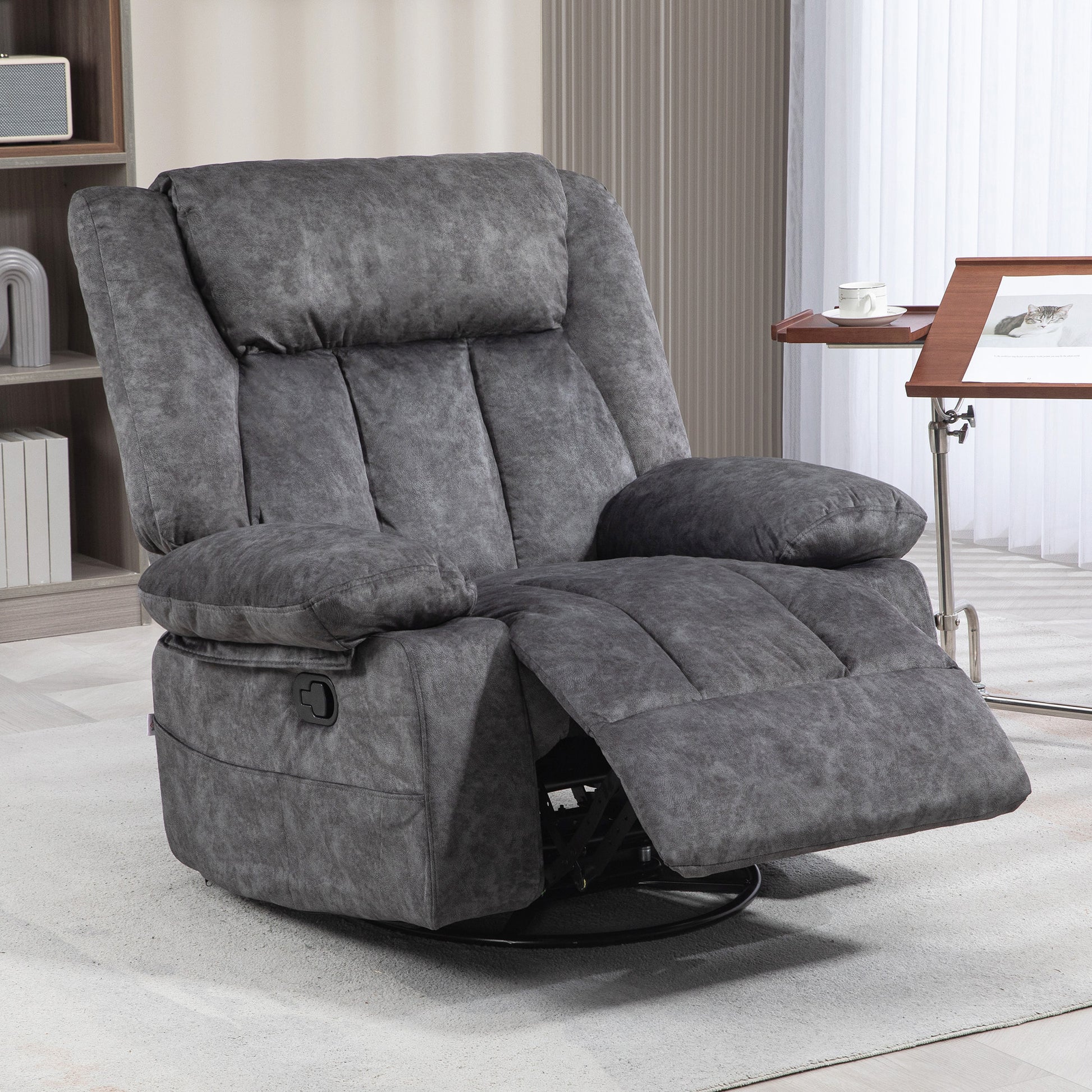 Homcom Swivel Rocker Recliner Chair For Living Room, Fabric Reclining Chair For Nursery, Rocking Chair With Footrest, Side Pockets, Charcoal Gray Charcoal Grey Polyester