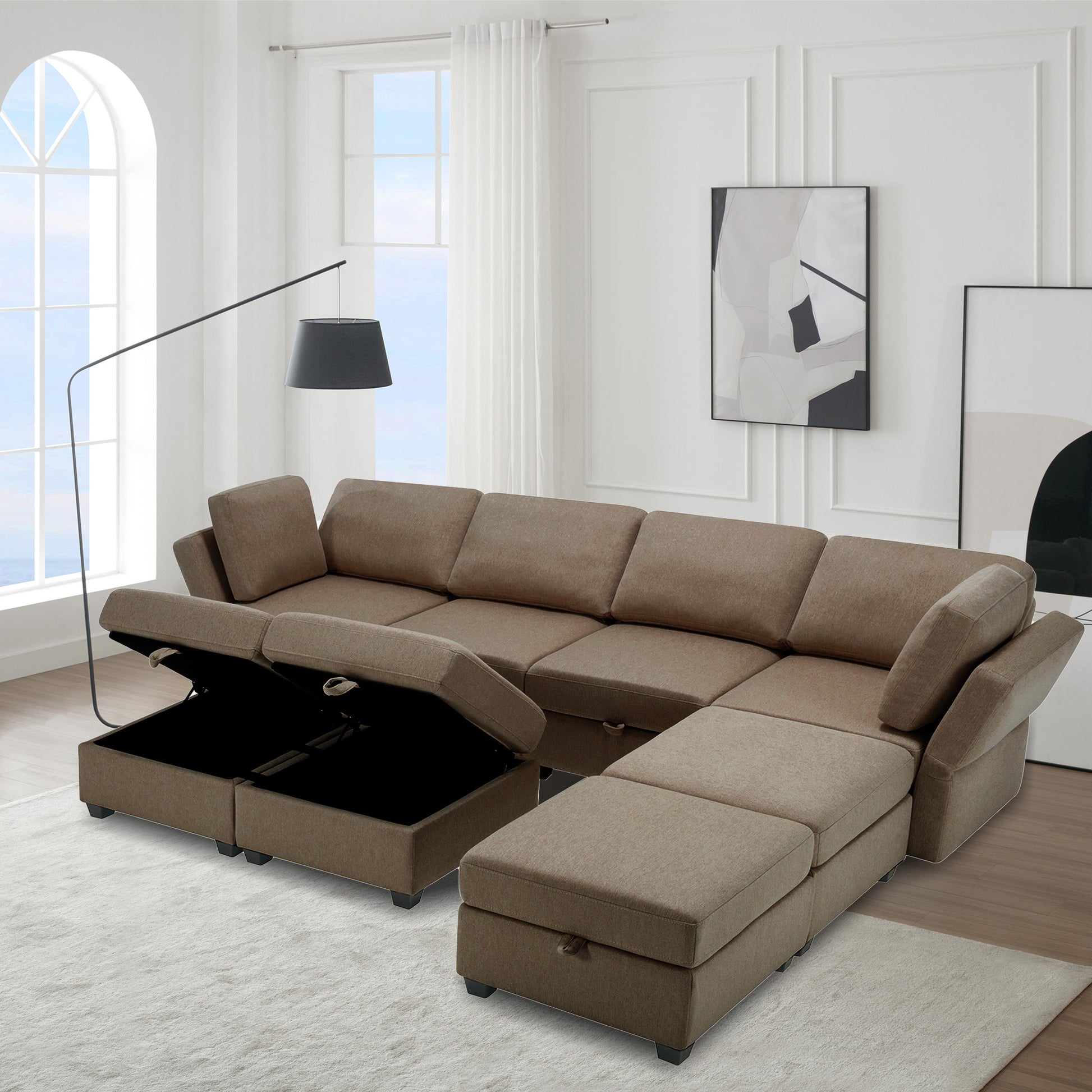 Adjustable Arms And Backs Sectional Sofa, Modern Sectional Couch U Shaped Sofa Couch With Storage Ottoman, Sofa With Convertible Chaise Brown Brown Polyester 4 Seat