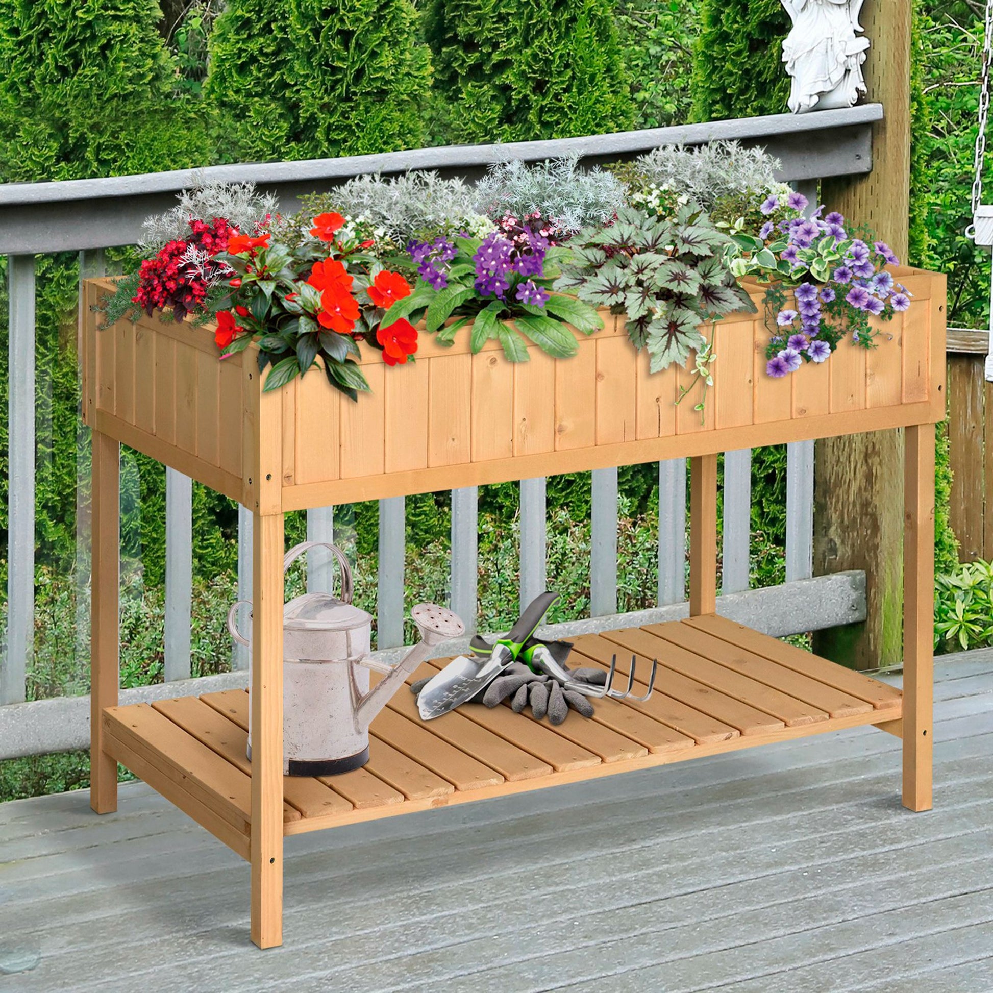 Outsunny 43X18X30In Raised Garden Bed With 8 Pockets And Shelf, Wooden Elevated Planter Box With Legs To Grow Herbs, Vegetables, And Flowers, Natural Natural Wood Wood